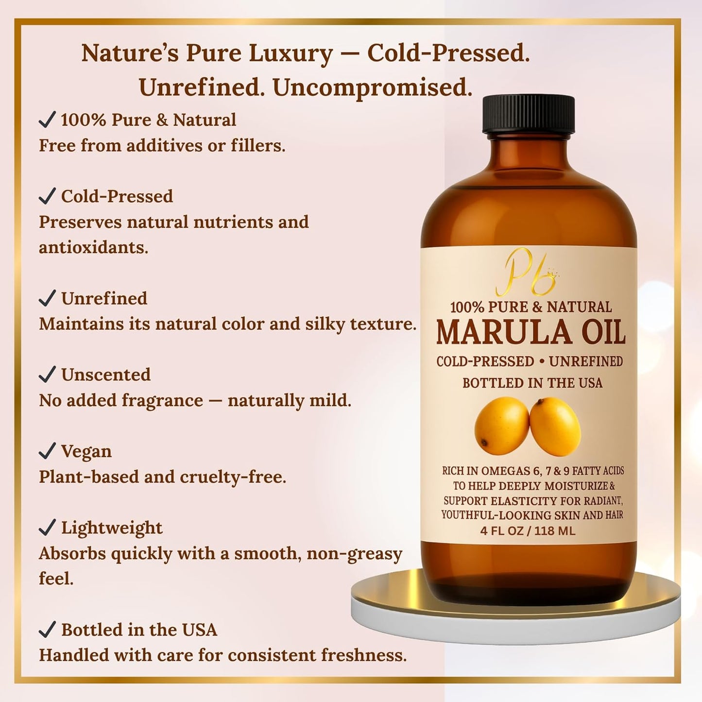 Pomberries Marula Oil 4 fl oz | 100% Pure Cold-Pressed Marula Oil for Face, Hair & Body | Glass Bottle | Sourced from Morocco | Bottled in USA