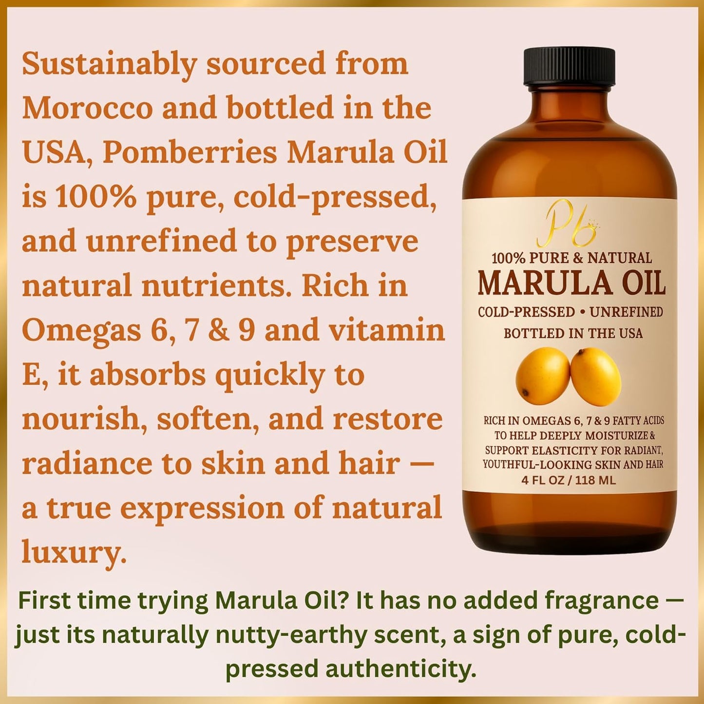 Pomberries Marula Oil 4 fl oz | 100% Pure Cold-Pressed Marula Oil for Face, Hair & Body | Glass Bottle | Sourced from Morocco | Bottled in USA