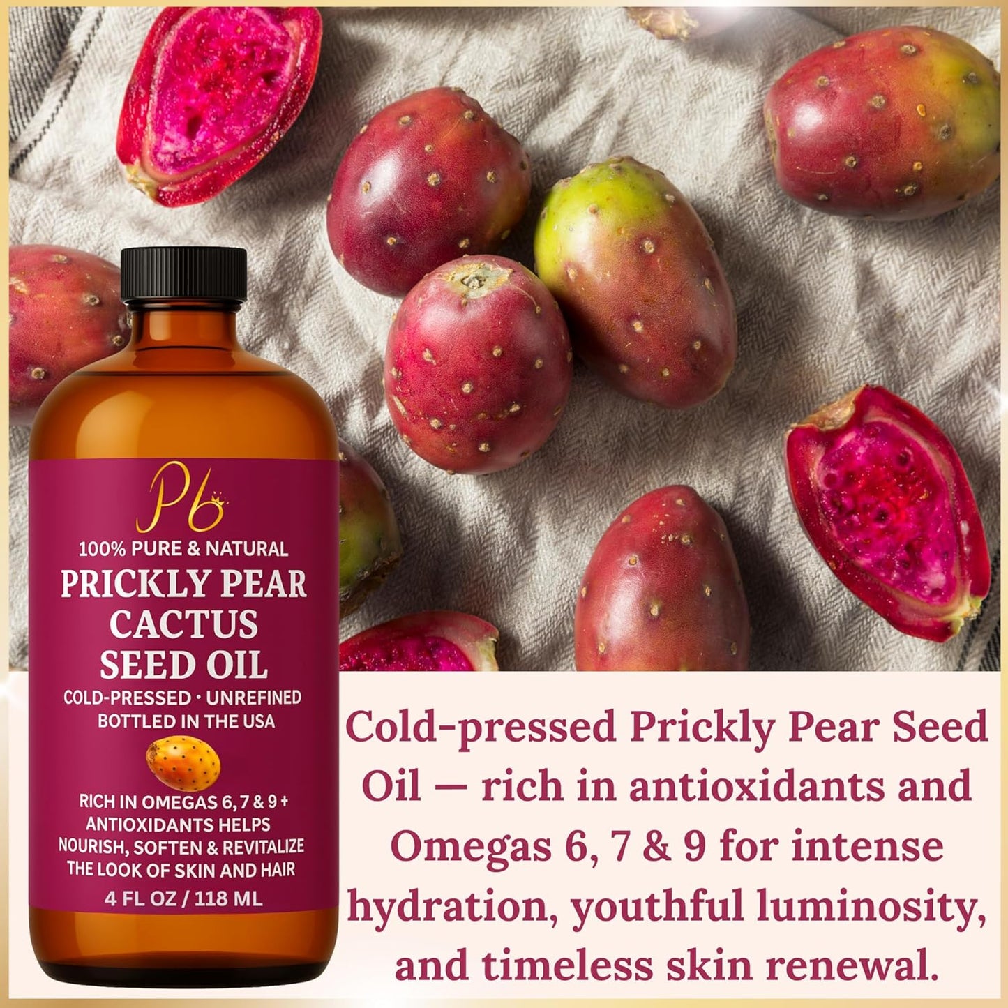 Prickly Pear Seed Oil | 100% Pure, Cold-Pressed & Unrefined, Prickly Pear Oil for Face, Skin & Hair, Helps Improve the Look of Fine Lines & Wrinkles | 4 fl oz Glass Bottle