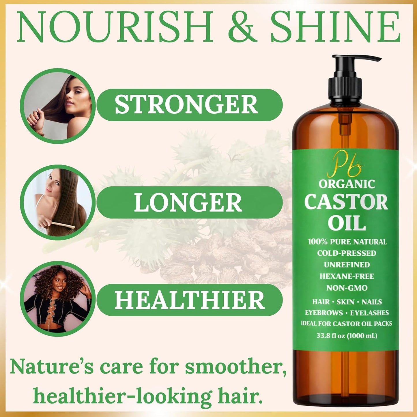 Castor Oil – Bulk Size 33.8 fl oz (1 Liter), 100% Pure, Cold-Pressed, Unrefined &amp; Hexane-Free | Hair Growth Oil, Eyelash &amp; Eyebrow Serum, Skin &amp; Scalp Moisturizer, Carrier Oil, Castor Oil Pack Wrap