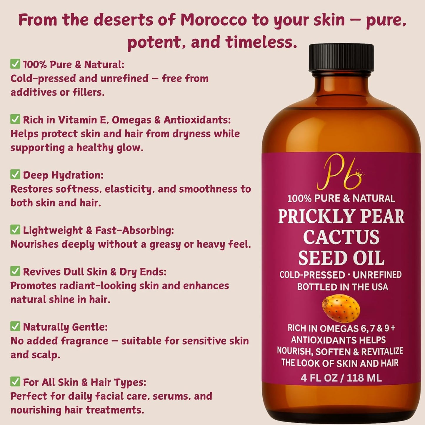 Prickly Pear Seed Oil | 100% Pure, Cold-Pressed & Unrefined, Prickly Pear Oil for Face, Skin & Hair, Helps Improve the Look of Fine Lines & Wrinkles | 4 fl oz Glass Bottle
