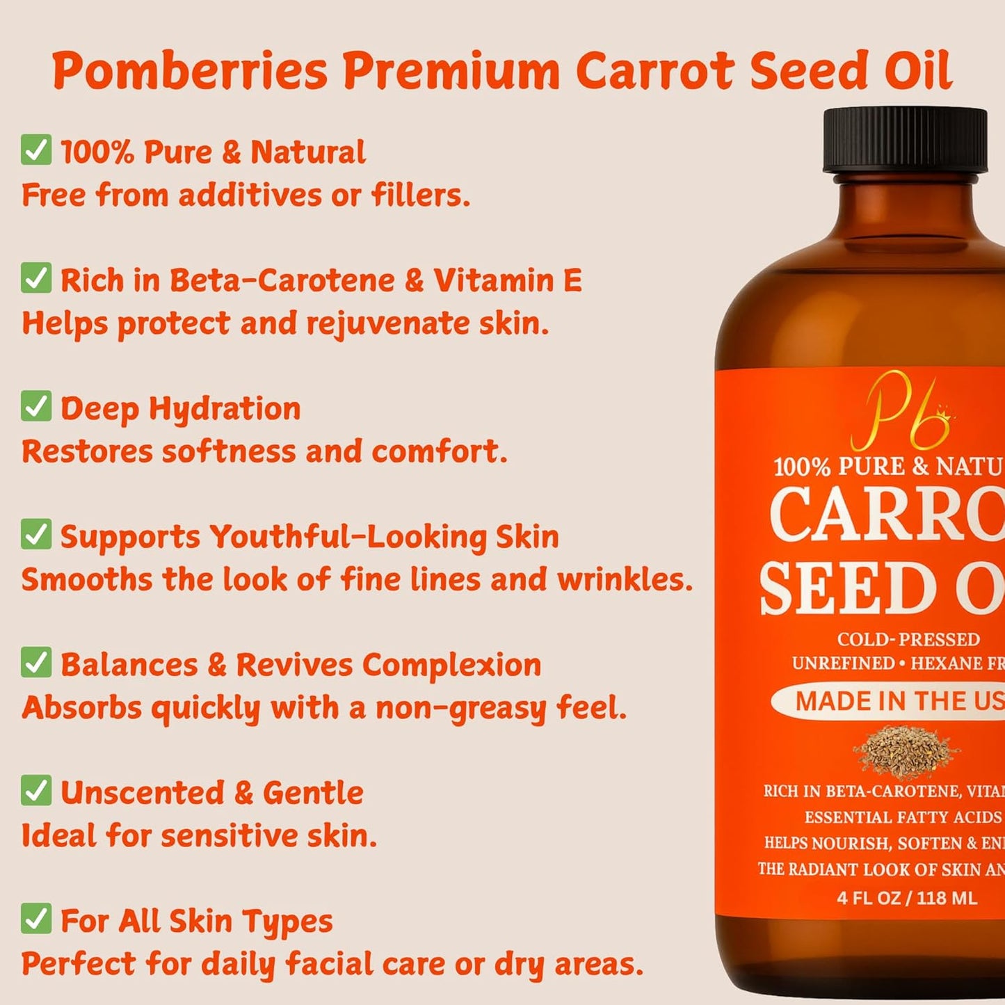Pomberries Carrot Seed Oil – 100% Pure Cold-Pressed Carrier Oil for Face, Hair & Skin – Hexane-Free Natural Moisturizer, 4 fl oz Glass Bottle, Made in USA