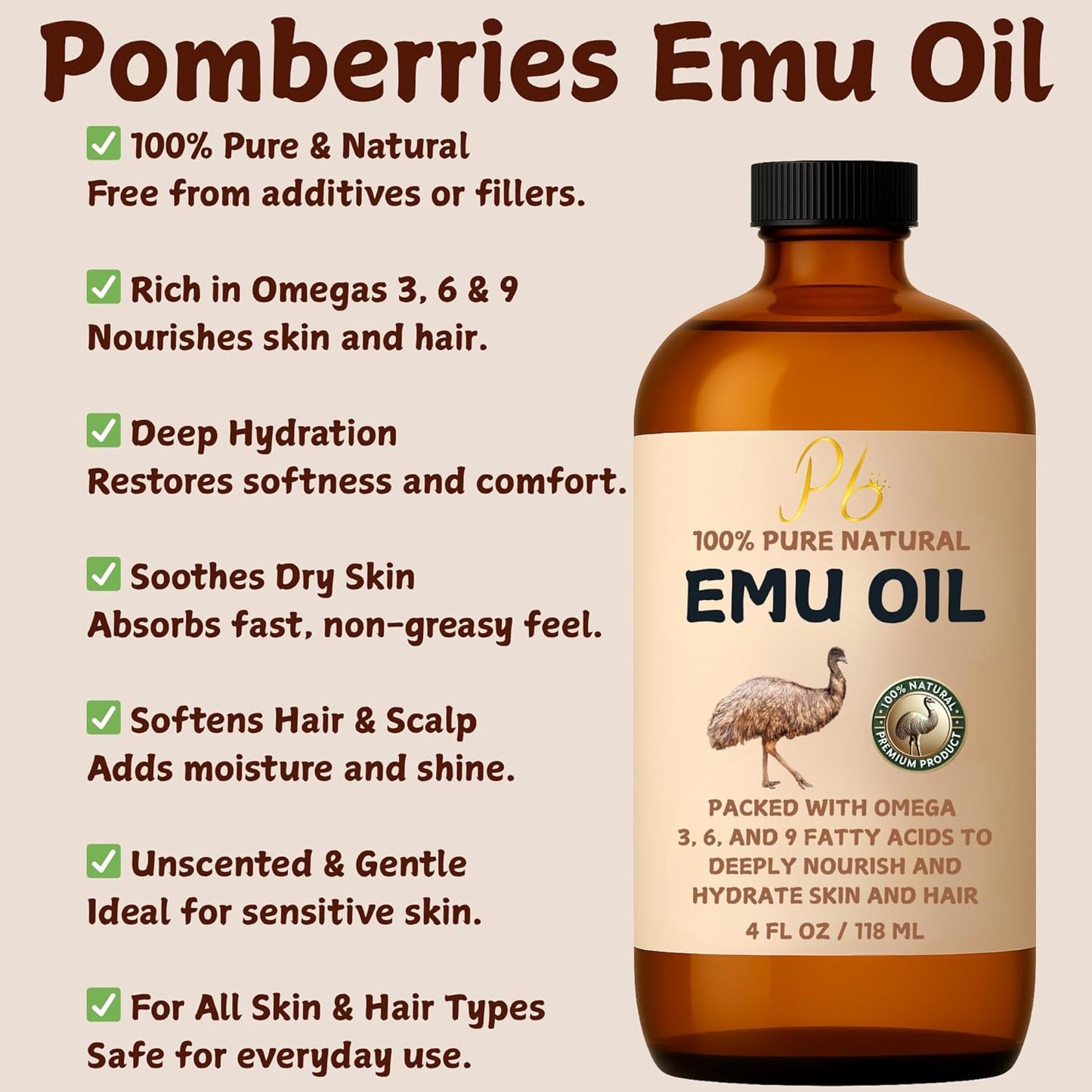 100% Pure Australian Emu Oil – Refined & Unscented | Natural Pain Relief, Anti-Inflammatory, Anti-Aging Moisturizer | Skin, Joints, Scalp | Non-Greasy | 4 fl oz Glass Bottle