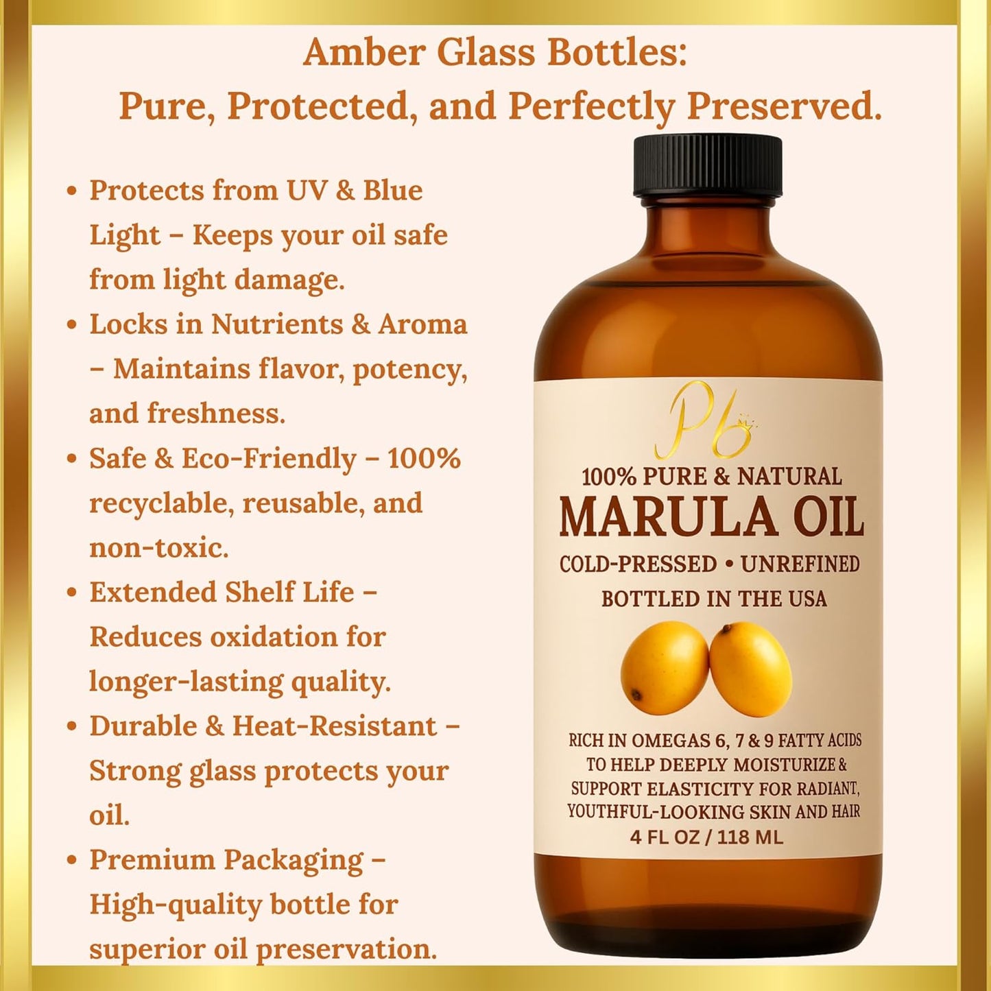 Pomberries Marula Oil 4 fl oz | 100% Pure Cold-Pressed Marula Oil for Face, Hair & Body | Glass Bottle | Sourced from Morocco | Bottled in USA