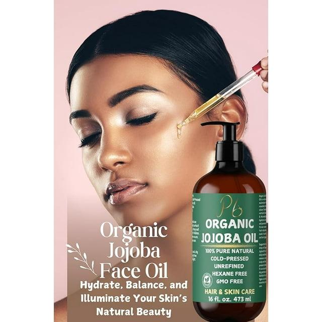 Pomberries Organic Jojoba Oil, 100% Pure & Natural Cold-Pressed Oil for Face, Body, Hair & Nails - Hexane-Free Carrier Oil, Anti-Aging, Skin Moisturizer & Hair Growth - 16 fl oz Bulk Glass Bottle with Pump