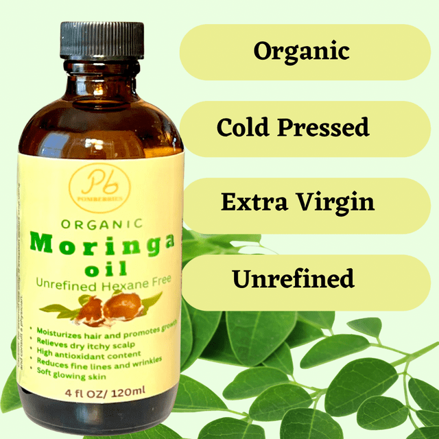 Pomberries Organic Moringa Oil, Cold Pressed, Extra Virgin, 100% Pure Natural for Hair, Skin by Pomberries 4 fl oz Amber Glass Bottle