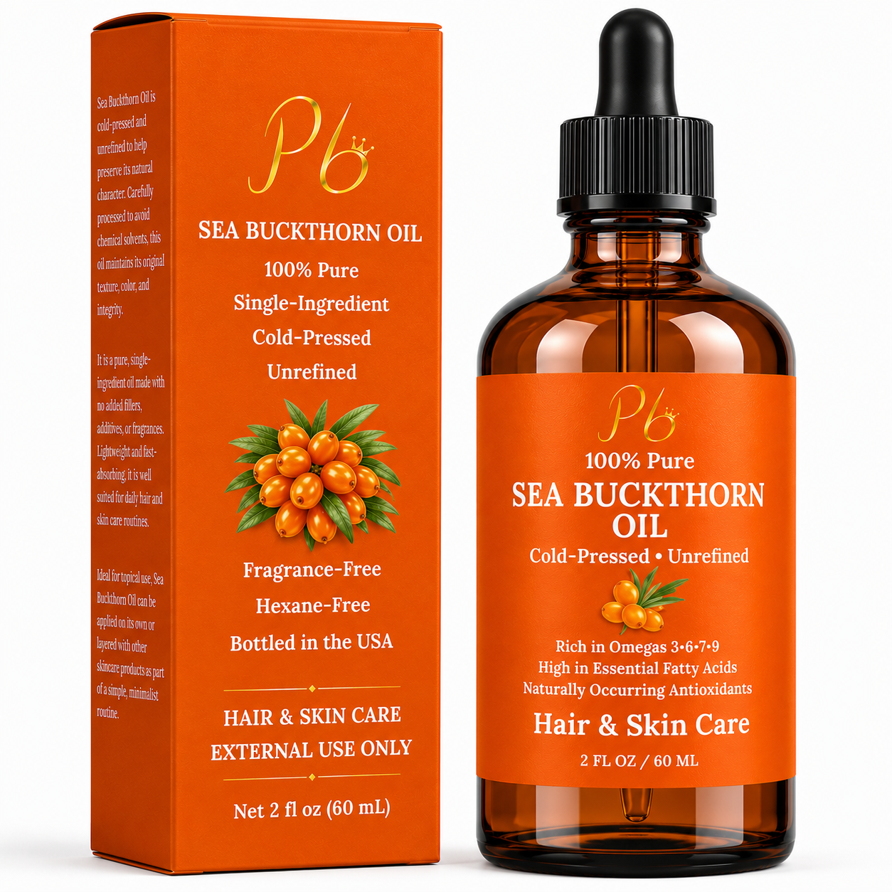 Sea Buckthorn Seed Oil – 100% Pure, Cold-Pressed & Unrefined | Natural Moisturizer for Face, Hair, Skin & Nails – Radiance & Youthful Glow – 2 fl oz Amber Glass Bottle