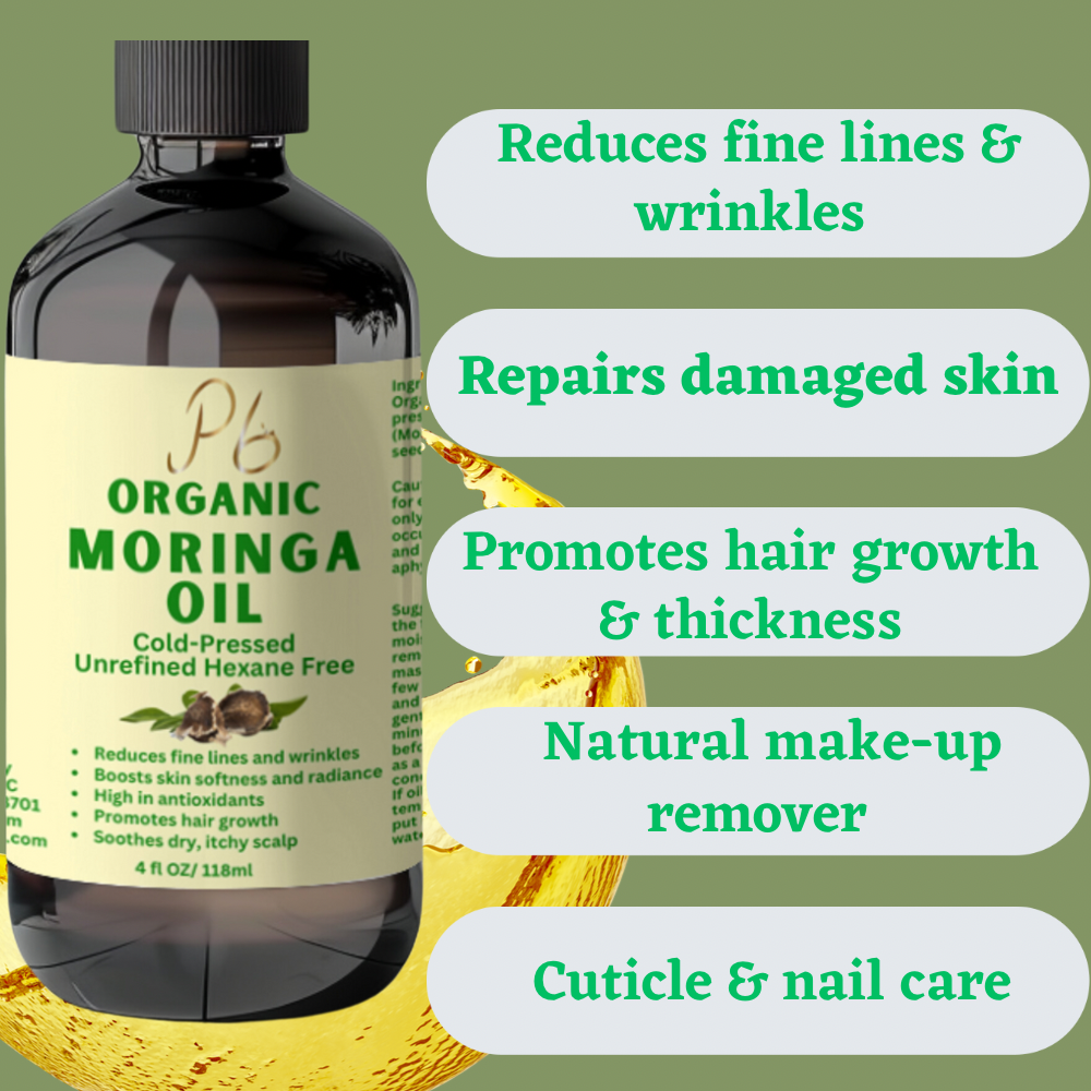 Premium Organic Cold-Pressed Moringa Oil, Unrefined & Nutrient-Rich for Skin, Hair & Body, Anti-Aging, Lightweight Face Oil, Natural Moisturizer 4 fl oz in Amber Glass Bottle