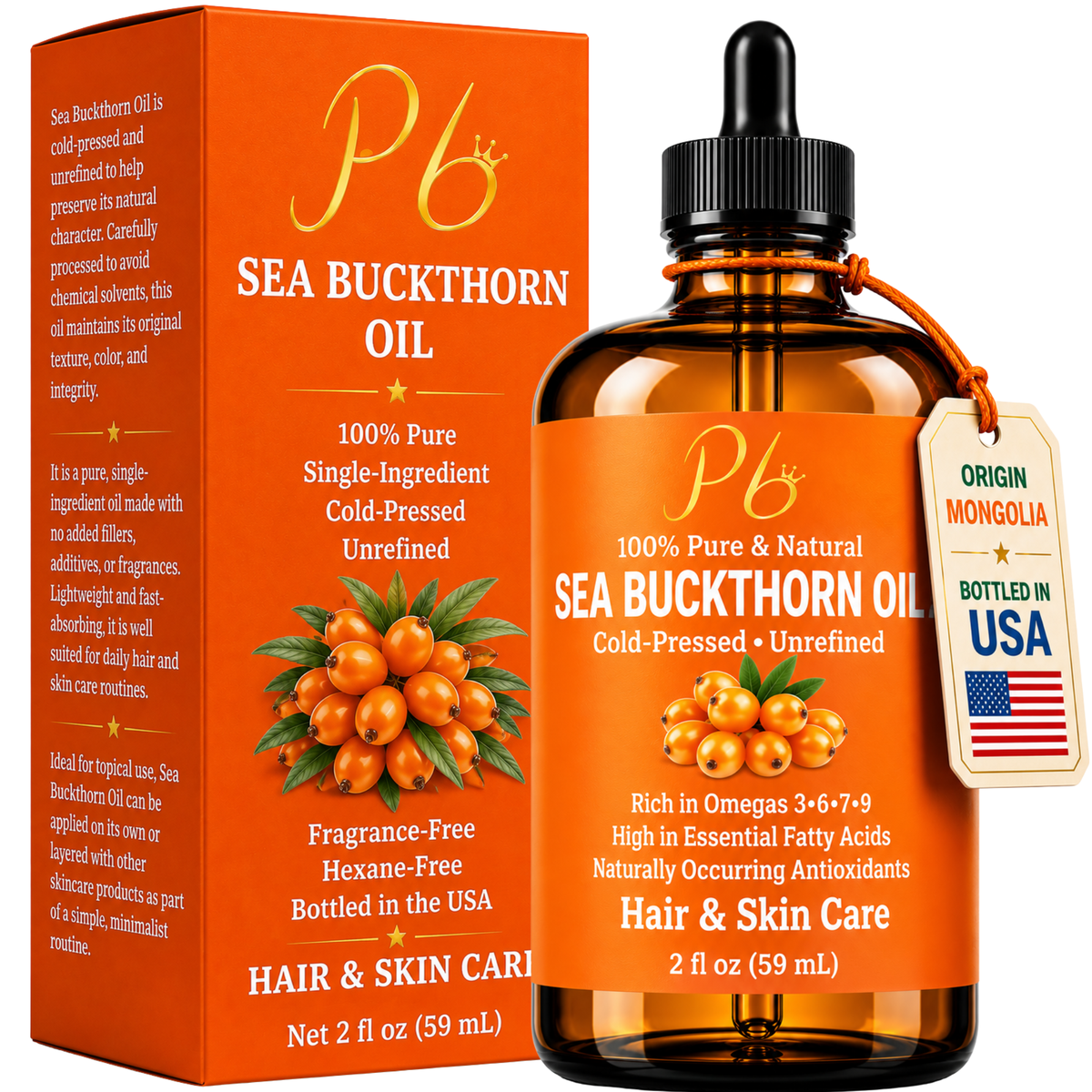 Sea Buckthorn Oil – 100% Pure, Cold-Pressed & Unrefined | Natural Moisturizer for Face, Hair, Skin & Nails – Radiance & Youthful Glow – 2 fl oz Amber Glass Bottle