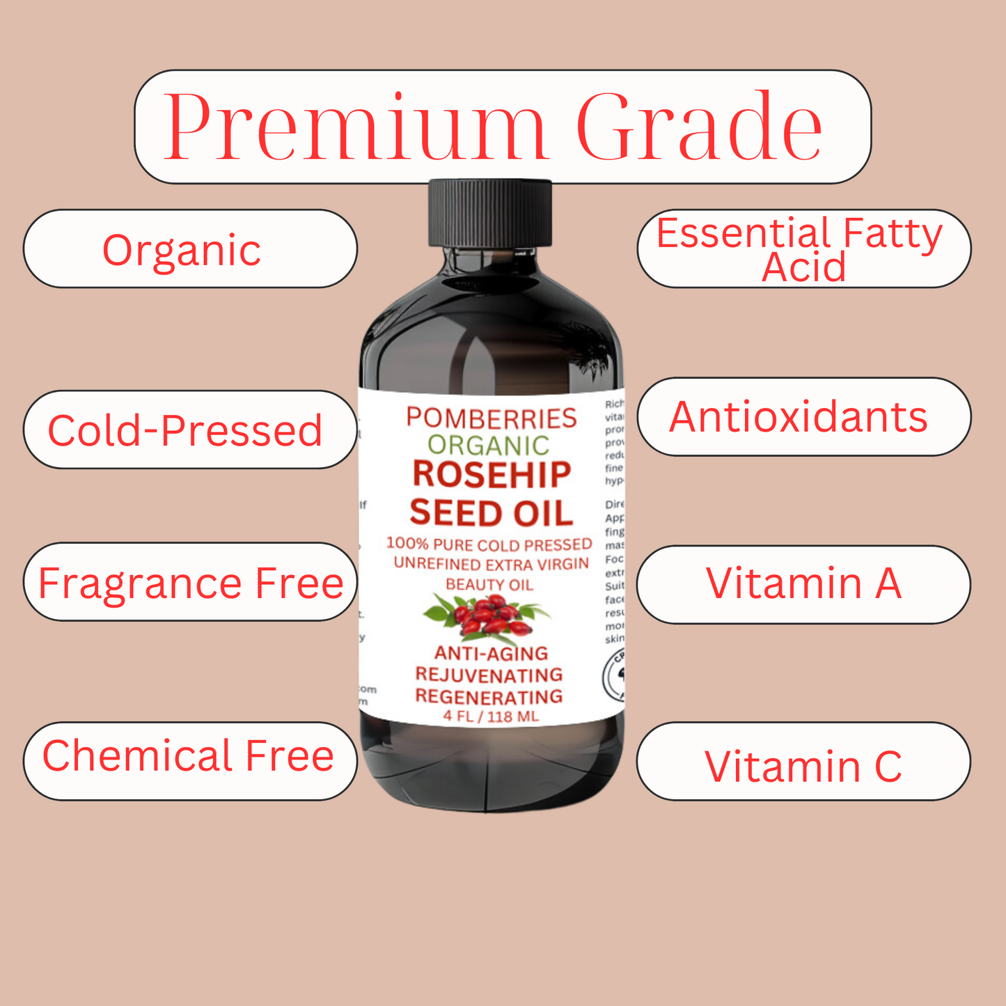 Rosehip Oil for Face & Skin, Organic Rosehip Seed Face Oil for Anti-Aging, Reduces Appearance of Wrinkles, Rich In Vitamin C, Retinol & Fatty Acids, Carrier Oil- Glass Bottle 4 fl oz