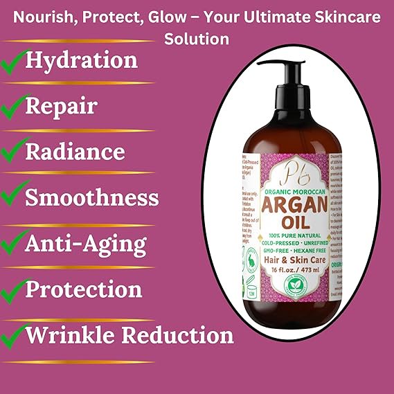 Pomberries Organic Moroccan Argan Oil – 100% Pure Argan Oil, Cold Pressed, Extra Virgin, Unrefined, Argan Oil for Hair, Face, Skin, Scalp & Body, Argan Hair Treatment, Glass Bottle with Pump 16 fl oz