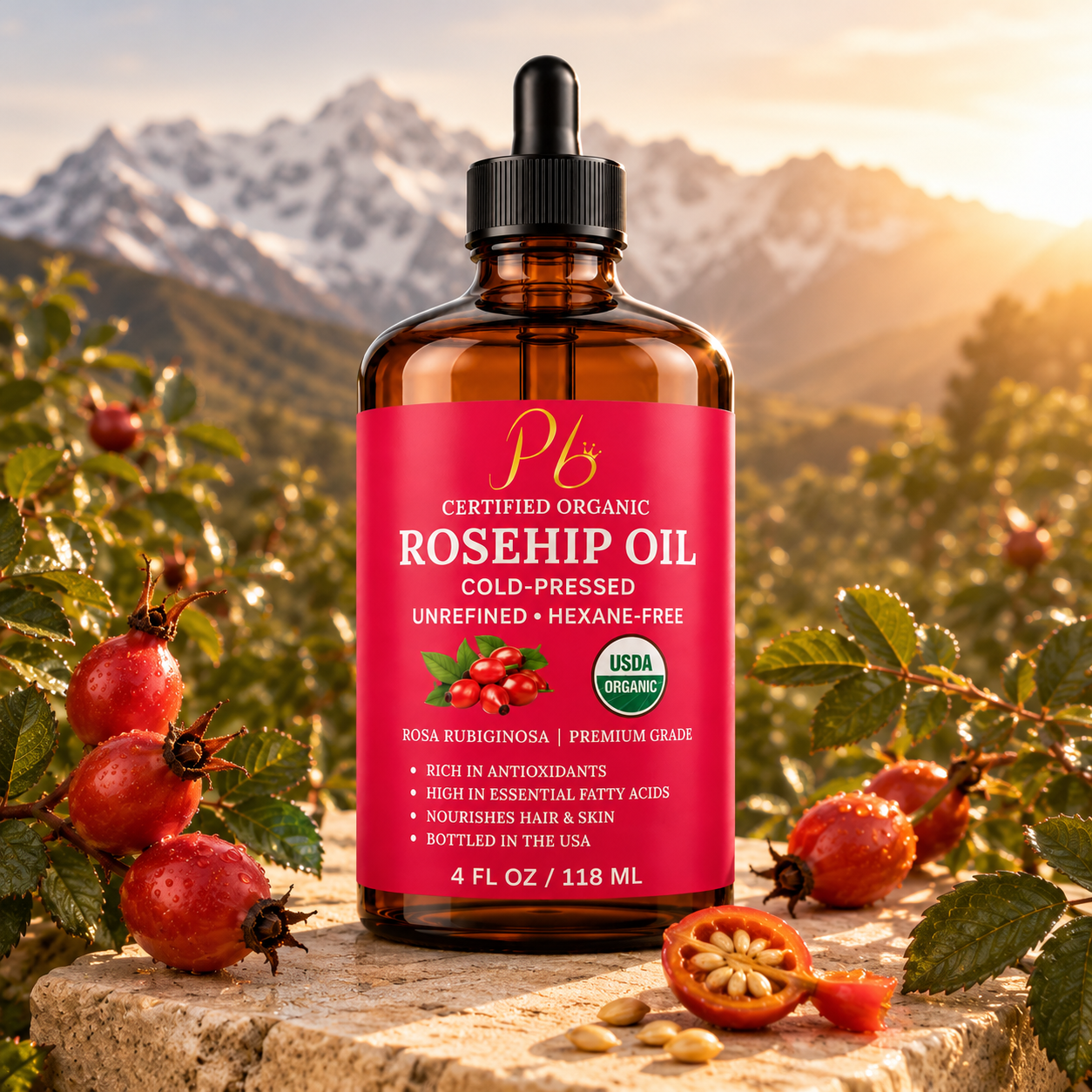 USDA Organic Rosehip Oil – Cold-Pressed & Unrefined, Rosehip Oil for Face, Skin & Hair – Rosehip Seed Oil for Scars, Wrinkles, Stretch Marks, Daily Hydration & Gua Sha Massage, 4 fl oz