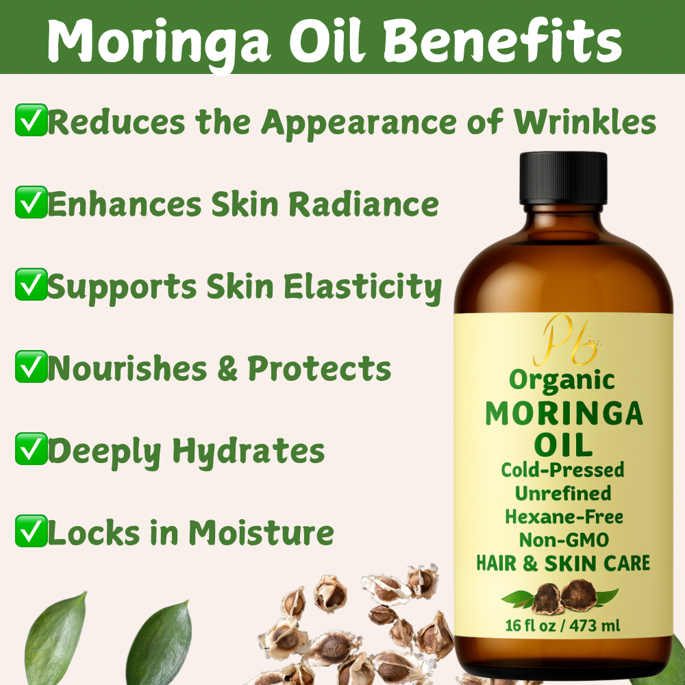 Organic Moringa Oil – 16 fl oz Bulk Size | Cold-Pressed & Unrefined | Anti-Aging Facial Oil | Wrinkle Reduction, Skin Firming, Hair & Scalp Moisturizer | Glass Bottle with Pump