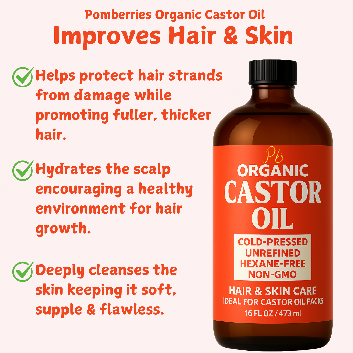 Organic Cold-Pressed Castor Oil – 16 fl oz | Hexane-Free, Unrefined | Amber Glass Bottle with Pump | Hair, Scalp & Skin Moisturizer | Lash, Brow & Beard Oil | Castor Oil Packs for Detox & Wellness