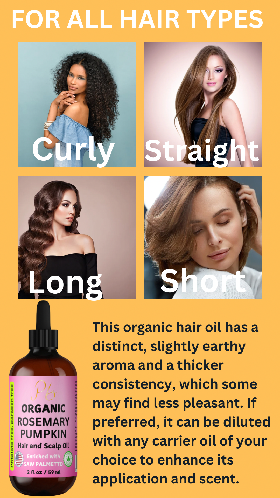 Organic Rosemary Hair Oil, Hair & Scalp Oil with Saw Palmetto, Peppermint, Pumpkin Seed & Vitamin E, Organic Nourishing Hair Serum 2 fl oz