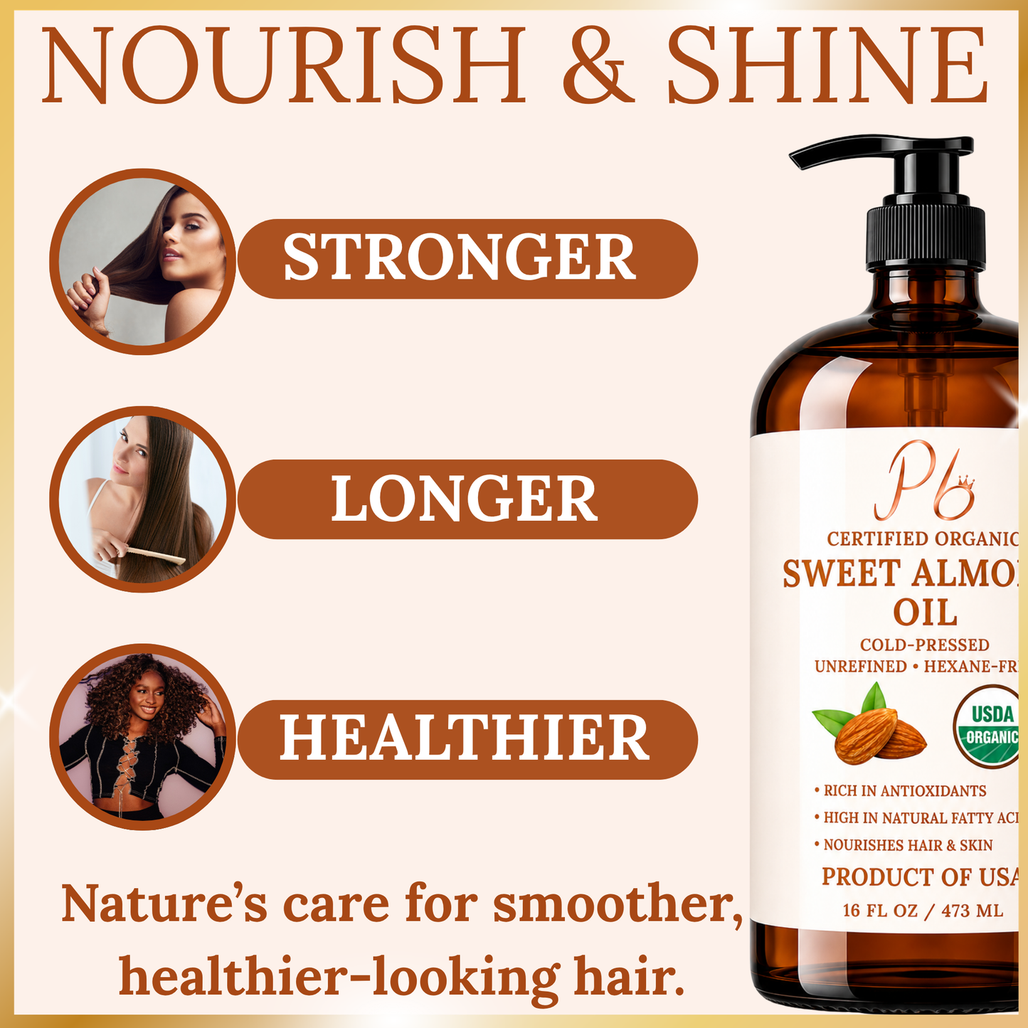 Organic Sweet Almond Oil for Hair & Skin – USDA Organic, Cold-Pressed, Unrefined – California Grown Almond Oil Bottled in USA – 16 fl oz Glass Bottle