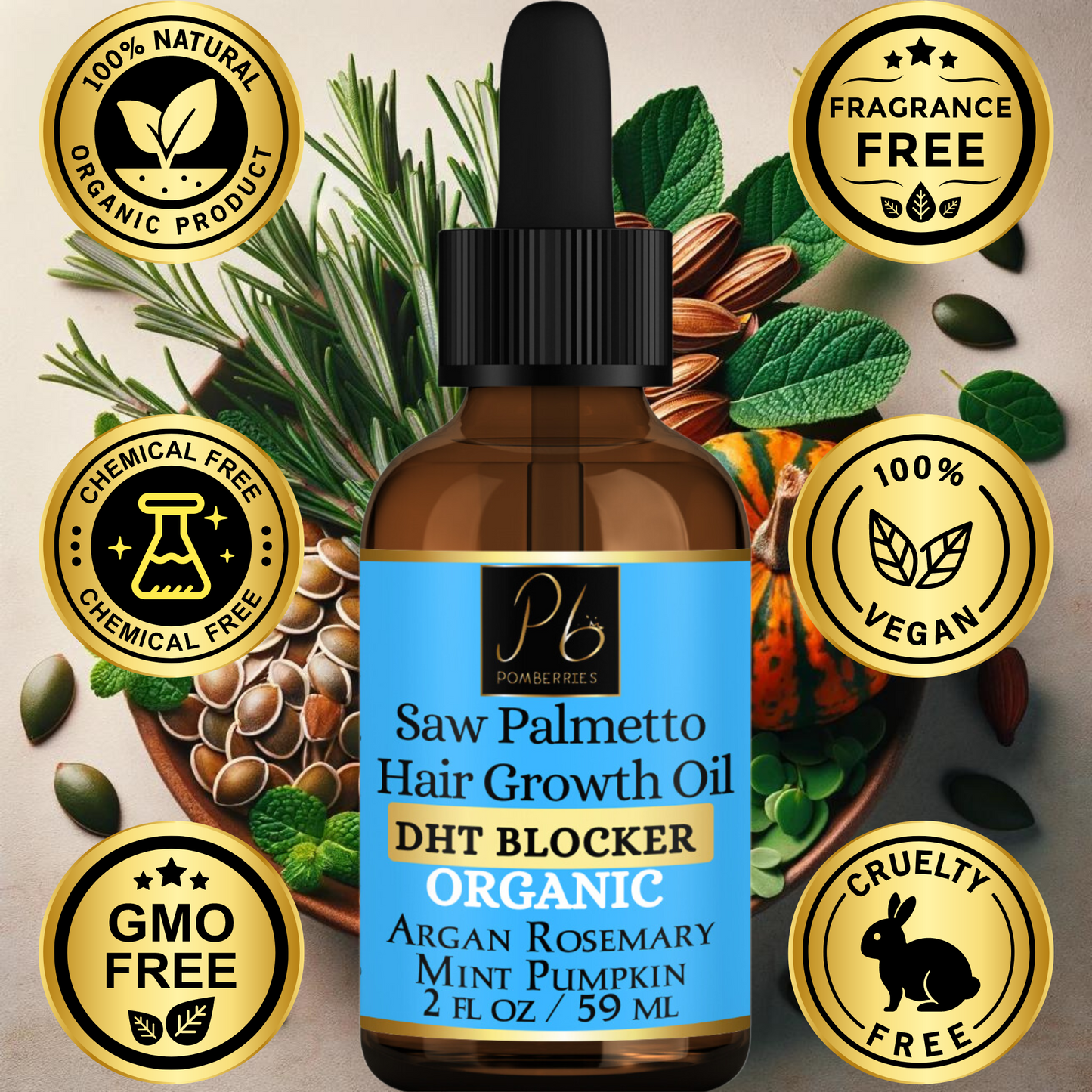 Organic Saw Palmetto Hair Growth Oil - DHT Blocker - Scalp Treatment, Reduce Hair Loss, Split Ends, Strengthens Hair Roots, Natural Hair Care with Argan, Amla, Rosemary, Mint, Pumpkin, Saw Palmetto Oil with Rosemary Oil ( With Scalp Massager)