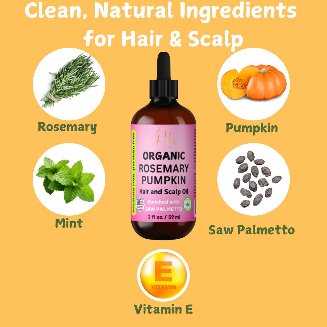 Organic Rosemary Hair Oil, Hair & Scalp Oil with Saw Palmetto, Peppermint, Pumpkin Seed & Vitamin E, Organic Nourishing Hair Serum 2 fl oz
