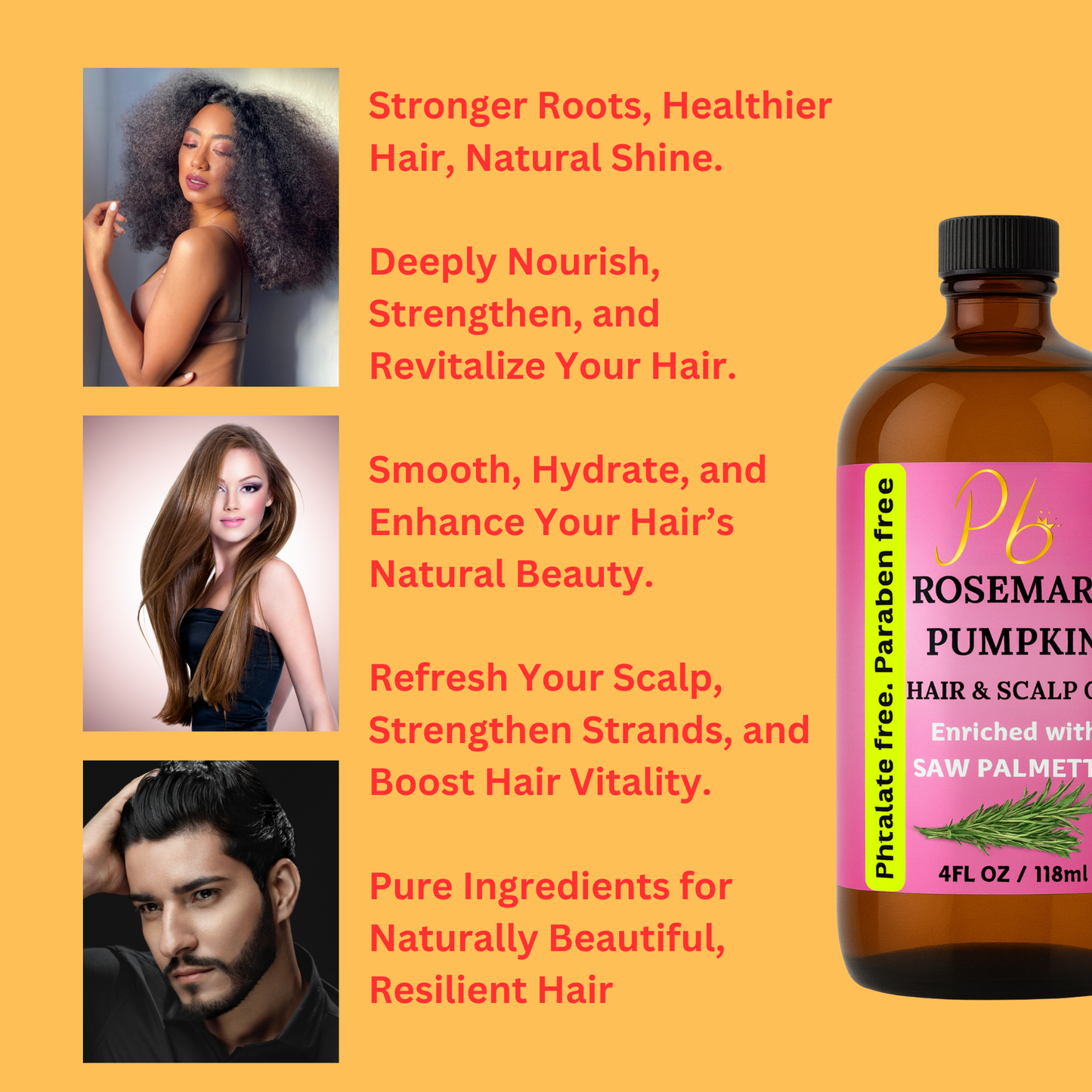Rosemary Hair growth Oil,With Pumpkin Seed Oil,  Peppermint Essential Oil, Saw Palmetto Oil 4 fl oz