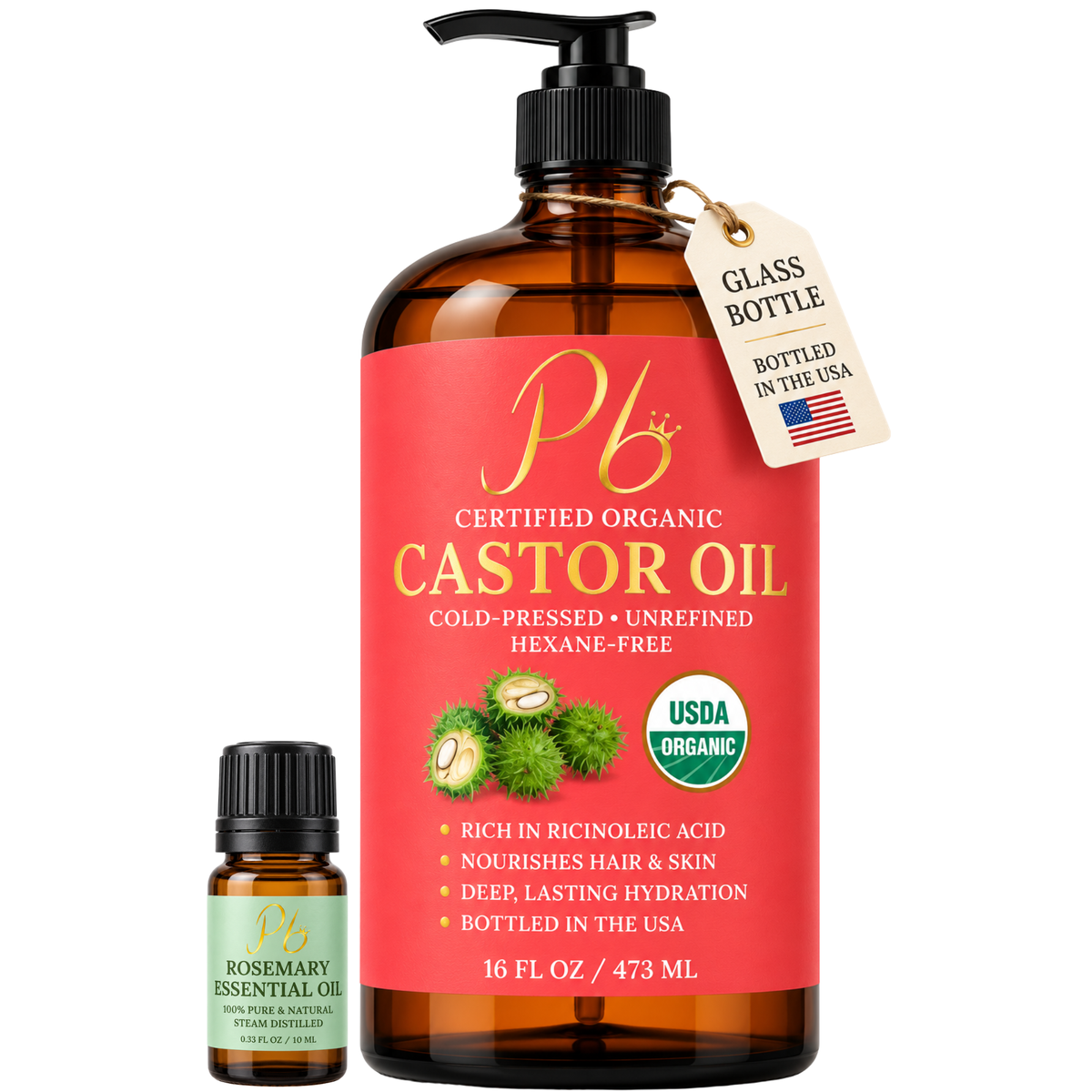 Pomberries USDA Organic Castor Oil 16 Fl Oz + Rosemary Essential Oil 10 mL, Cold-Pressed Glass Pump Bottle