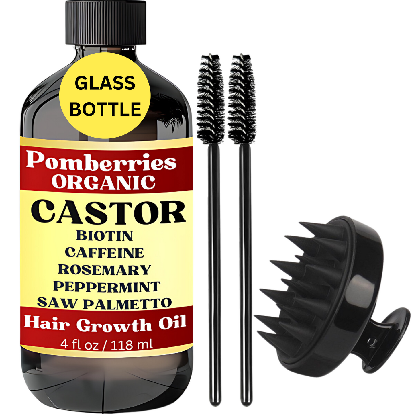 Pomberries Organic Castor Oil with Rosemary, Mint, Caffeine, and Saw Palmetto Scalp & Hair Oil, Treatment, Stimulate Growth for Eyebrows & Hair, Reduce Hair Loss, Revitalize & Strengthen, 4 fl oz( with Scalp Massager)