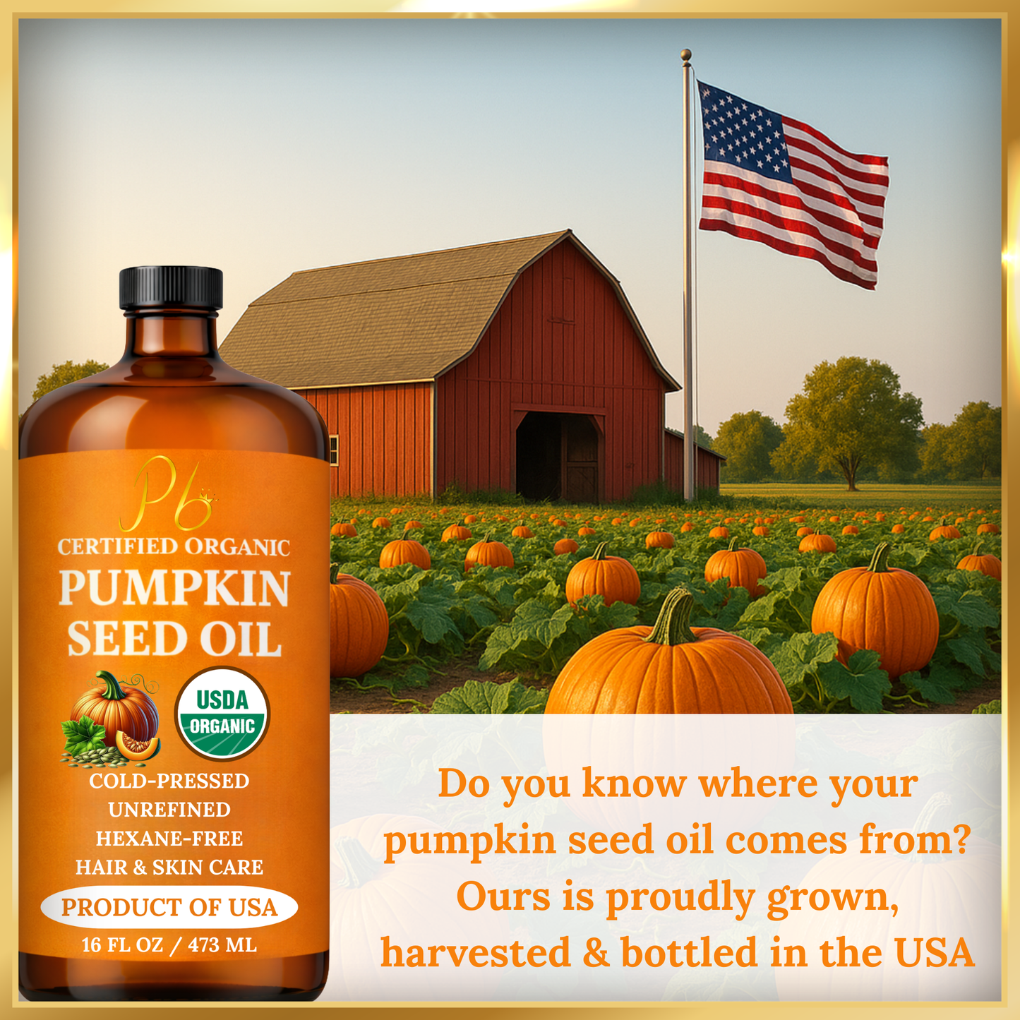 Pomberries Organic Pumpkin Seed Oil 16 fl oz Glass Bottle with Pump | USDA Certified | 100% Pure, Unrefined, Cold Pressed | Grown, Harvested & Bottled in USA | Moisturizer for Hair Growth, Dry Skin & Face