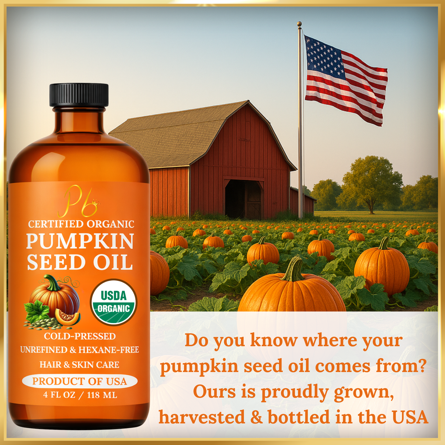 Pomberries USDA Organic Pumpkin Seed Oil 4 fl oz – Cold-Pressed, Unrefined – Hair & Skin Oil – Glass Bottle – Product of USA