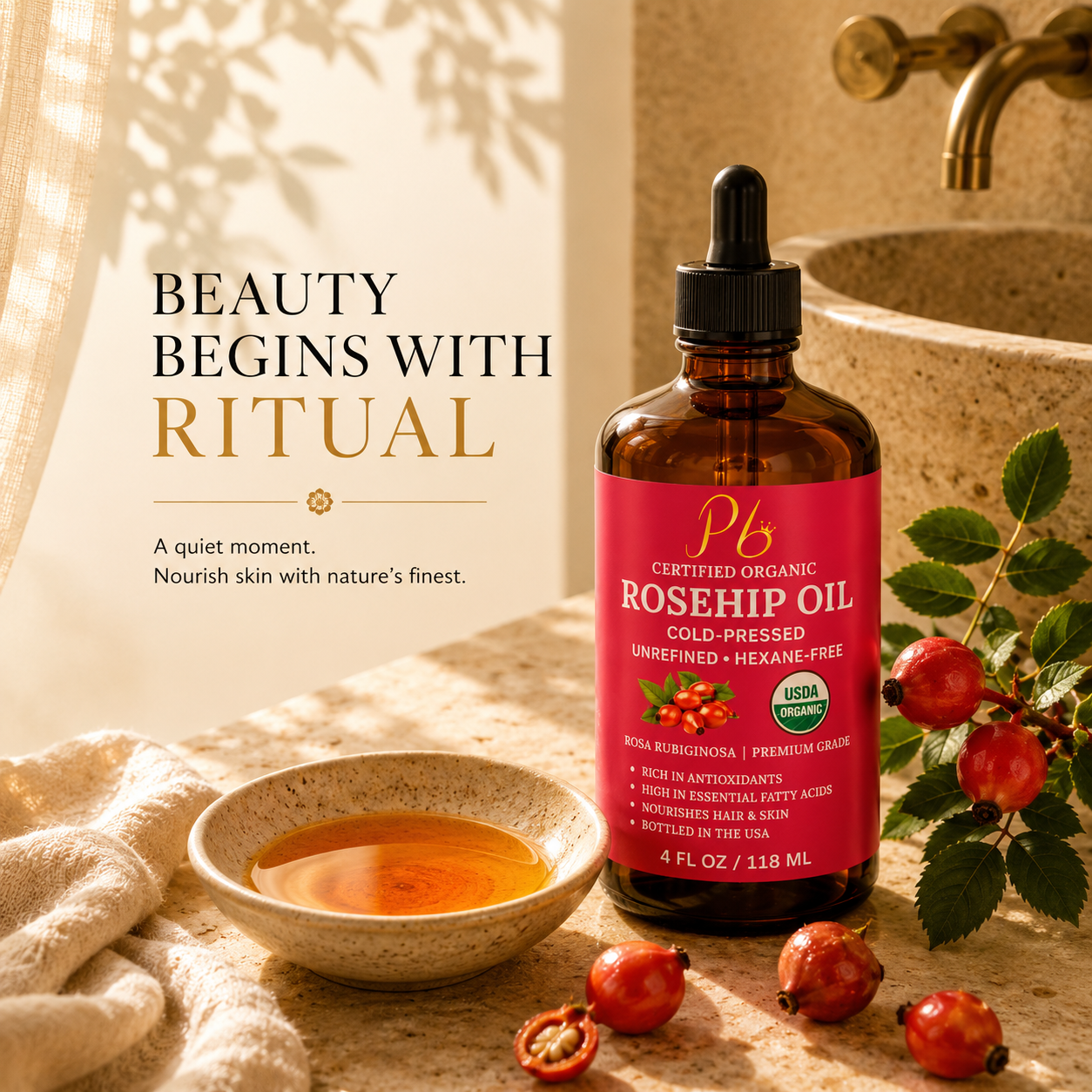 USDA Organic Rosehip Oil – Cold-Pressed & Unrefined, Rosehip Oil for Face, Skin & Hair – Rosehip Seed Oil for Scars, Wrinkles, Stretch Marks, Daily Hydration & Gua Sha Massage, 4 fl oz
