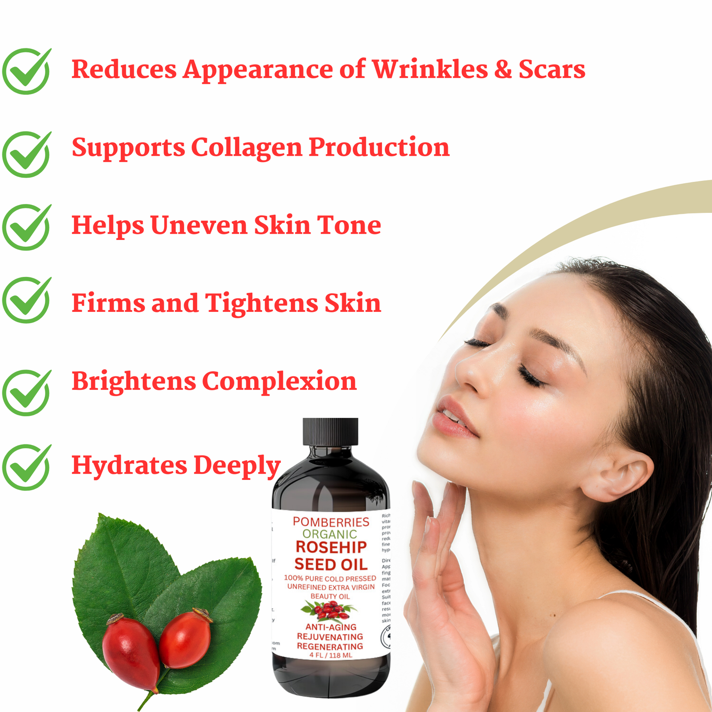 Rosehip Oil for Face & Skin, Organic Rosehip Seed Face Oil for Anti-Aging, Reduces Appearance of Wrinkles, Rich In Vitamin C, Retinol & Fatty Acids, Carrier Oil- Glass Bottle 4 fl oz