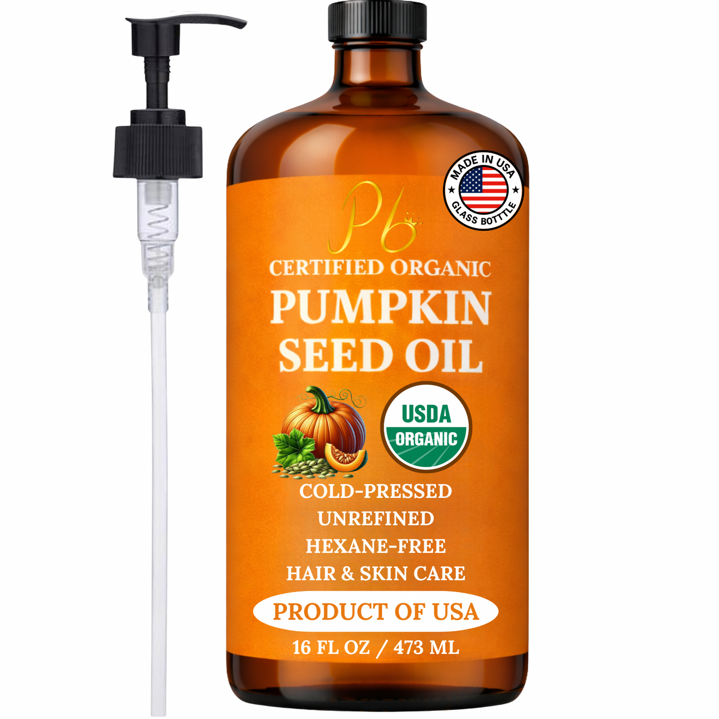 Pomberries Organic Pumpkin Seed Oil 16 fl oz Glass Bottle with Pump | USDA Certified | 100% Pure, Unrefined, Cold Pressed | Grown, Harvested & Bottled in USA | Moisturizer for Hair Growth, Dry Skin & Face