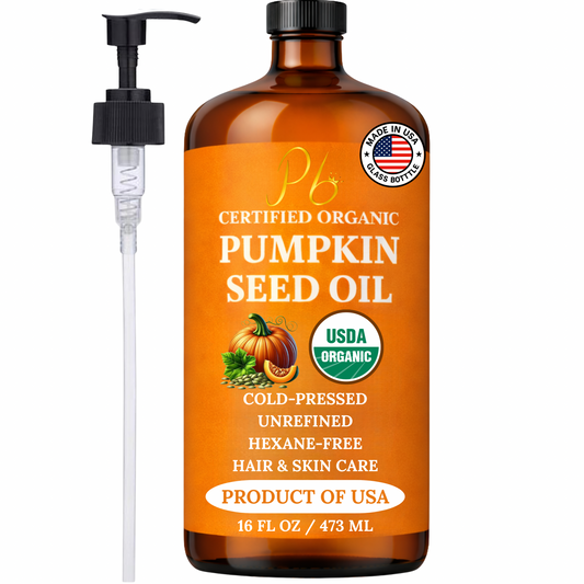 Pomberries Organic Pumpkin Seed Oil 16 fl oz Glass Bottle with Pump | USDA Certified | 100% Pure, Unrefined, Cold Pressed | Grown, Harvested & Bottled in USA | Moisturizer for Hair Growth, Dry Skin & Face