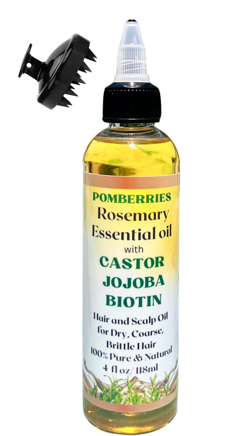 Pomberries Rosemary Essential Oil with Castor & Biotin Scalp & Hair Oil for Wavy, Curly, Coily Hair, Hair Loss Treatment with Argan, Panthenol & Jojoba for Weak, Thinning Hair 4 fl oz