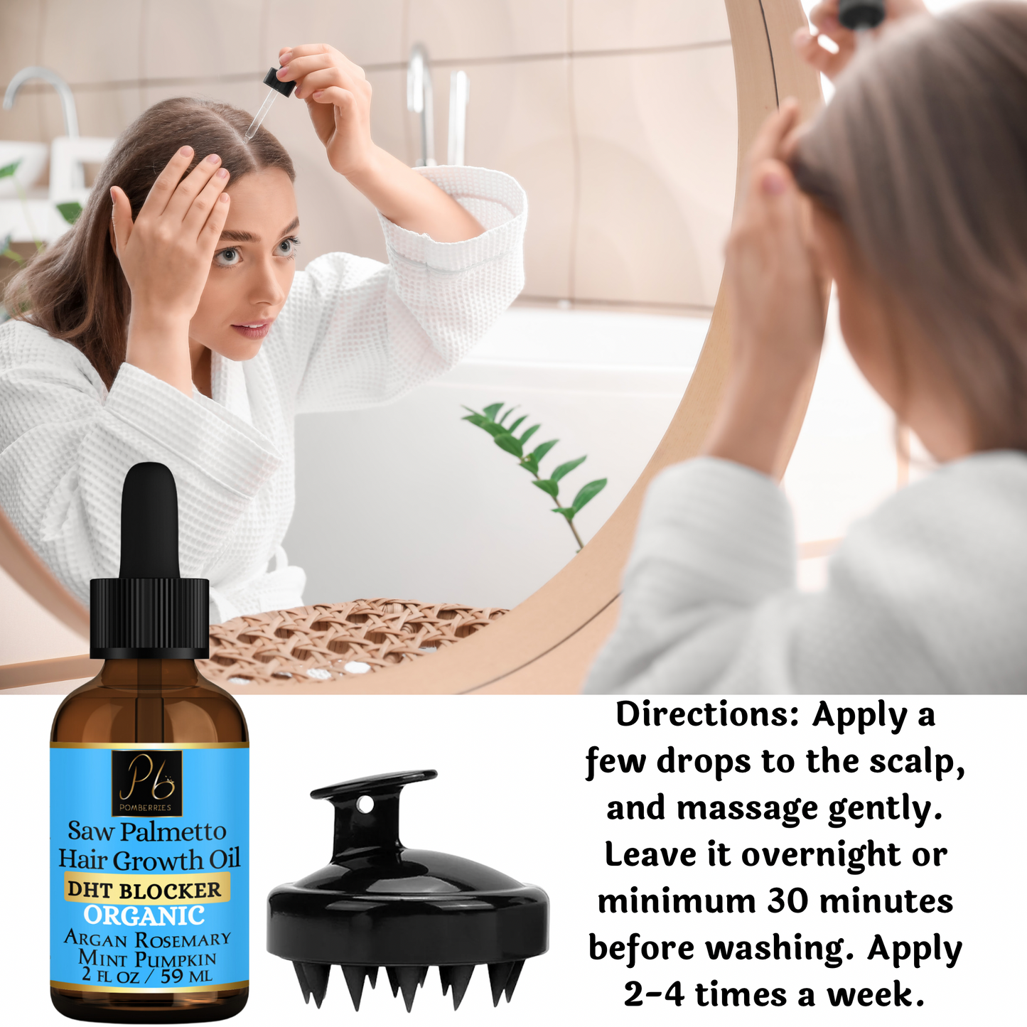 Organic Saw Palmetto Hair Growth Oil - DHT Blocker - Scalp Treatment, Reduce Hair Loss, Split Ends, Strengthens Hair Roots, Natural Hair Care with Argan, Amla, Rosemary, Mint, Pumpkin, Saw Palmetto Oil with Rosemary Oil ( With Scalp Massager)