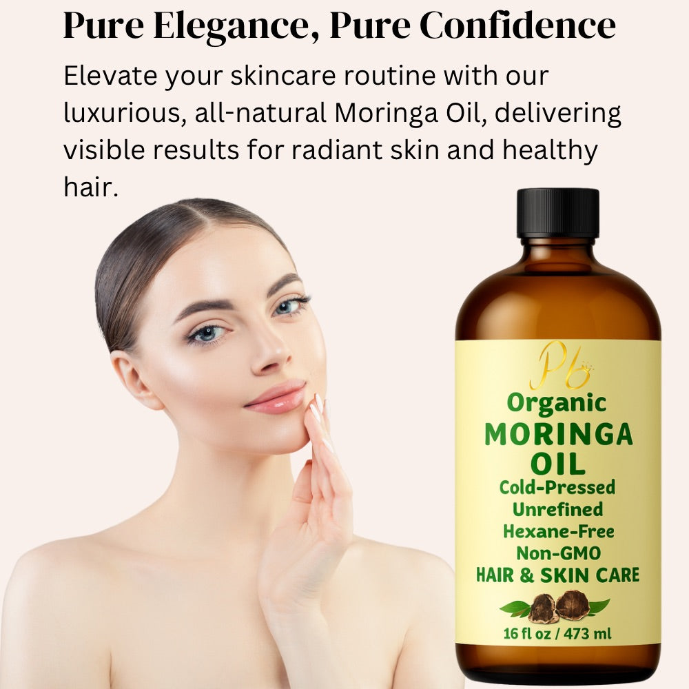 Organic Moringa Oil – 16 fl oz Bulk Size | Cold-Pressed & Unrefined | Anti-Aging Facial Oil | Wrinkle Reduction, Skin Firming, Hair & Scalp Moisturizer | Glass Bottle with Pump