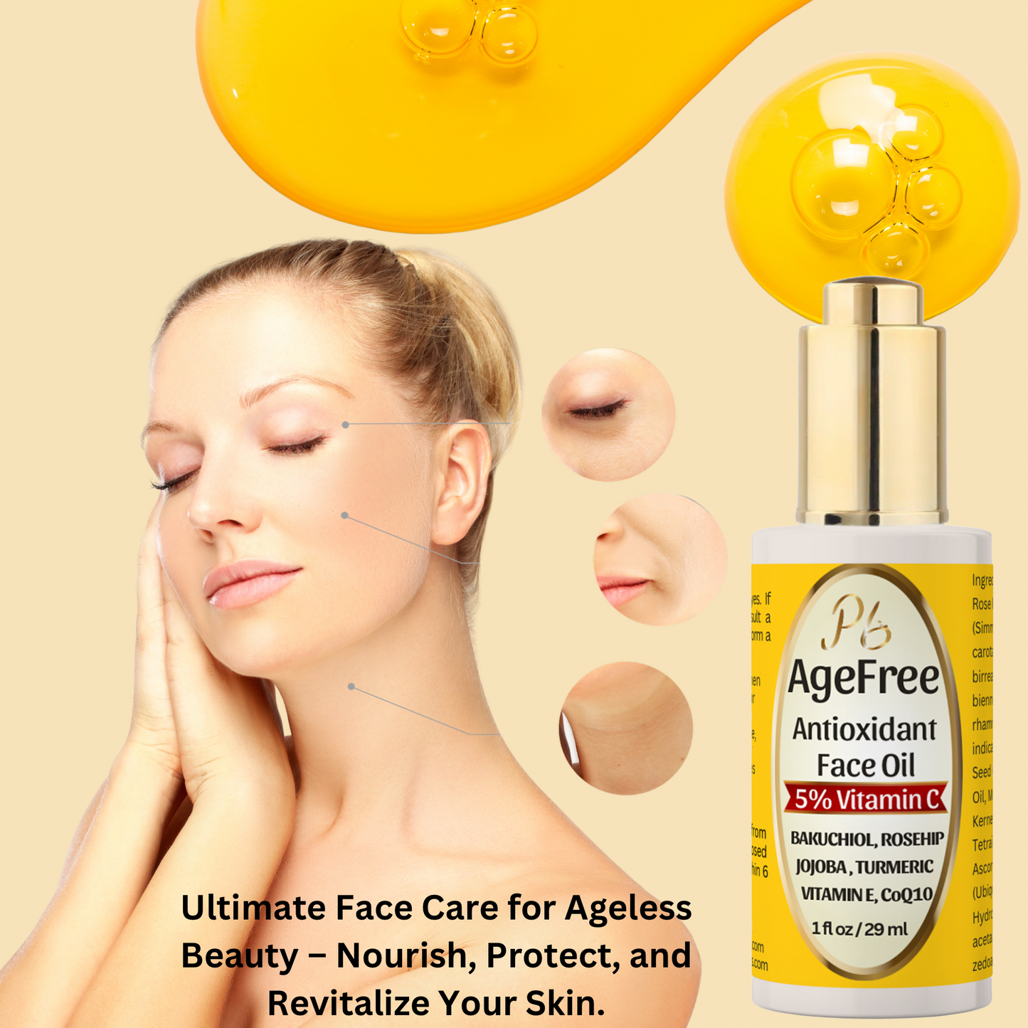 PomBerries AgeFree Antioxidant Face Oil with 5% Vitamin C- Anti-Aging, Hydrating, Rejuvenating - Moringa, Rosehip, Jojoba, Bakuchiol, Carrot Seed Oil, Vitamin E, CoQ10 - 1 fl. oz / 30 ml