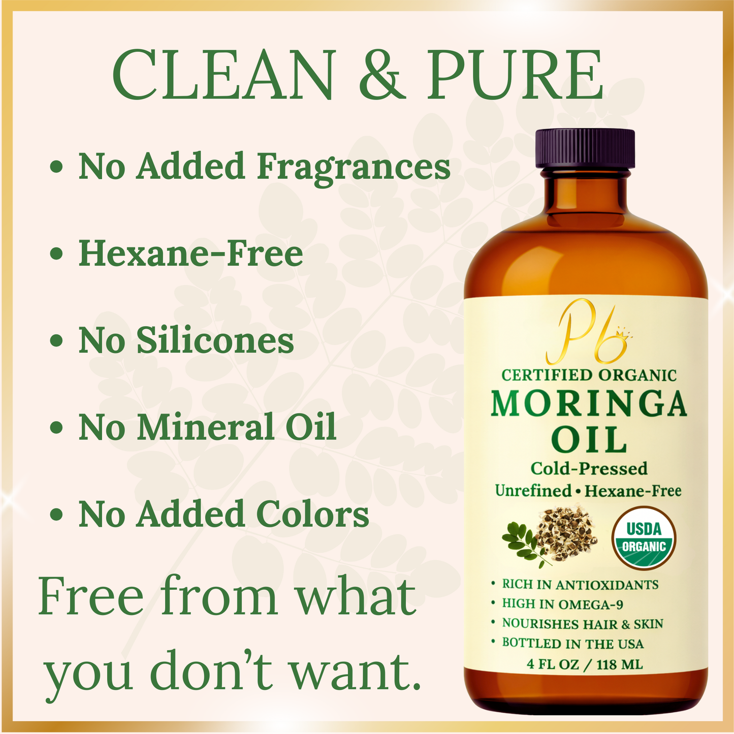 Pomberries USDA Organic Moringa Oil 4 fl oz – Cold-Pressed, Unrefined Moringa Seed Oil for Hair & Skin – Glass Bottle