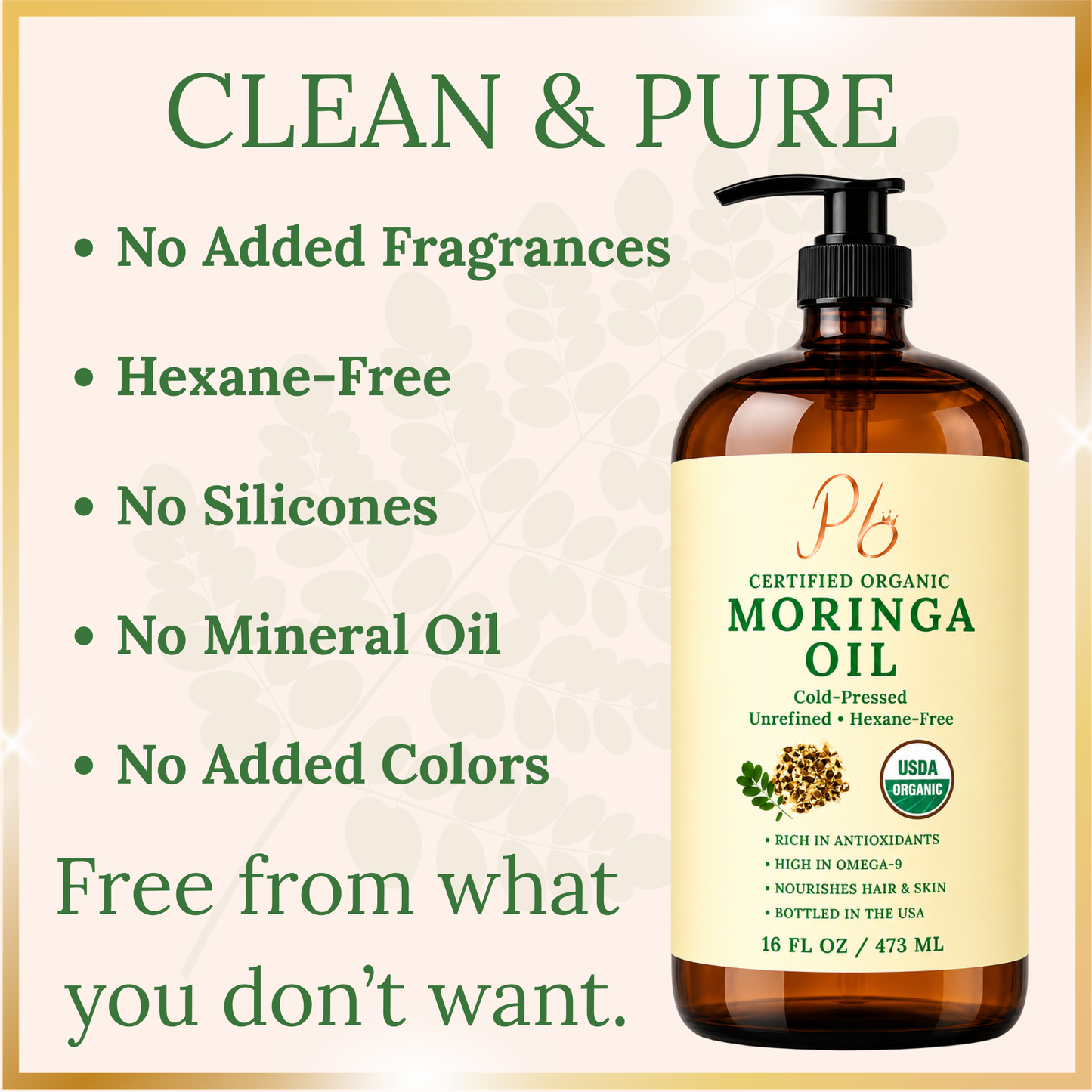 Pomberries USDA Organic Moringa Oil 16 fl oz – Cold-Pressed, Unrefined, Hexane-Free – Hair & Skin Oil – Glass Bottle with Pump – Bottled in USA