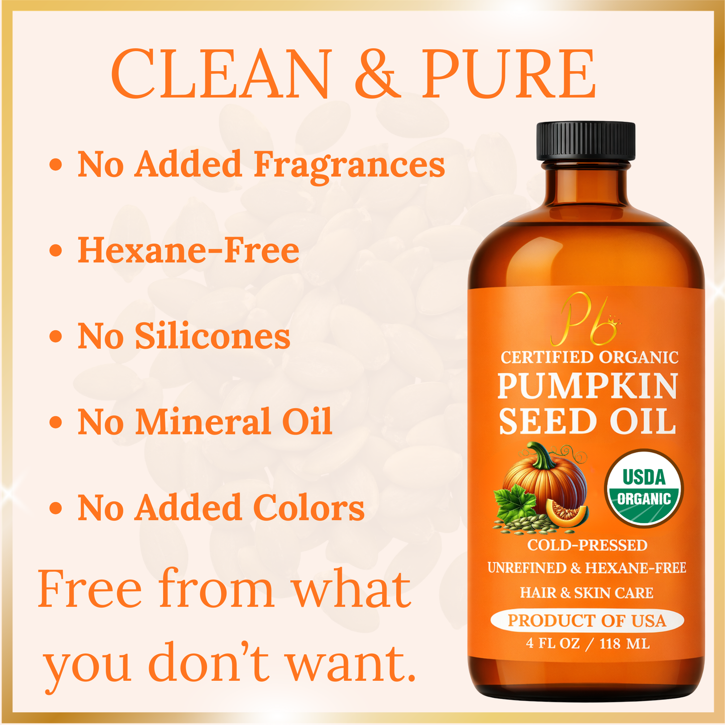 Pomberries USDA Organic Pumpkin Seed Oil 4 fl oz – Cold-Pressed, Unrefined – Hair & Skin Oil – Glass Bottle – Product of USA