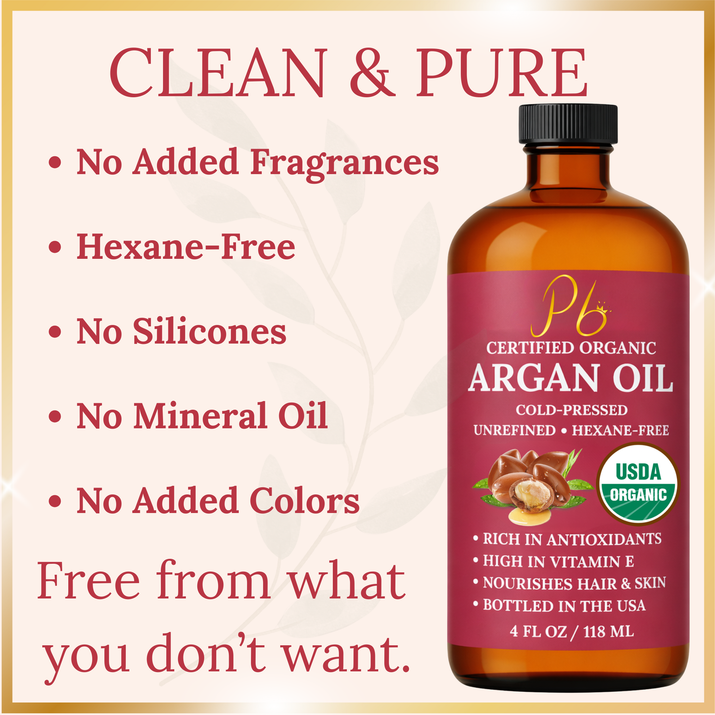 Pomberries USDA Organic Argan Oil 4 fl oz – Cold-Pressed, Unrefined Moroccan Argan Oil for Hair & Skin – Glass Bottle