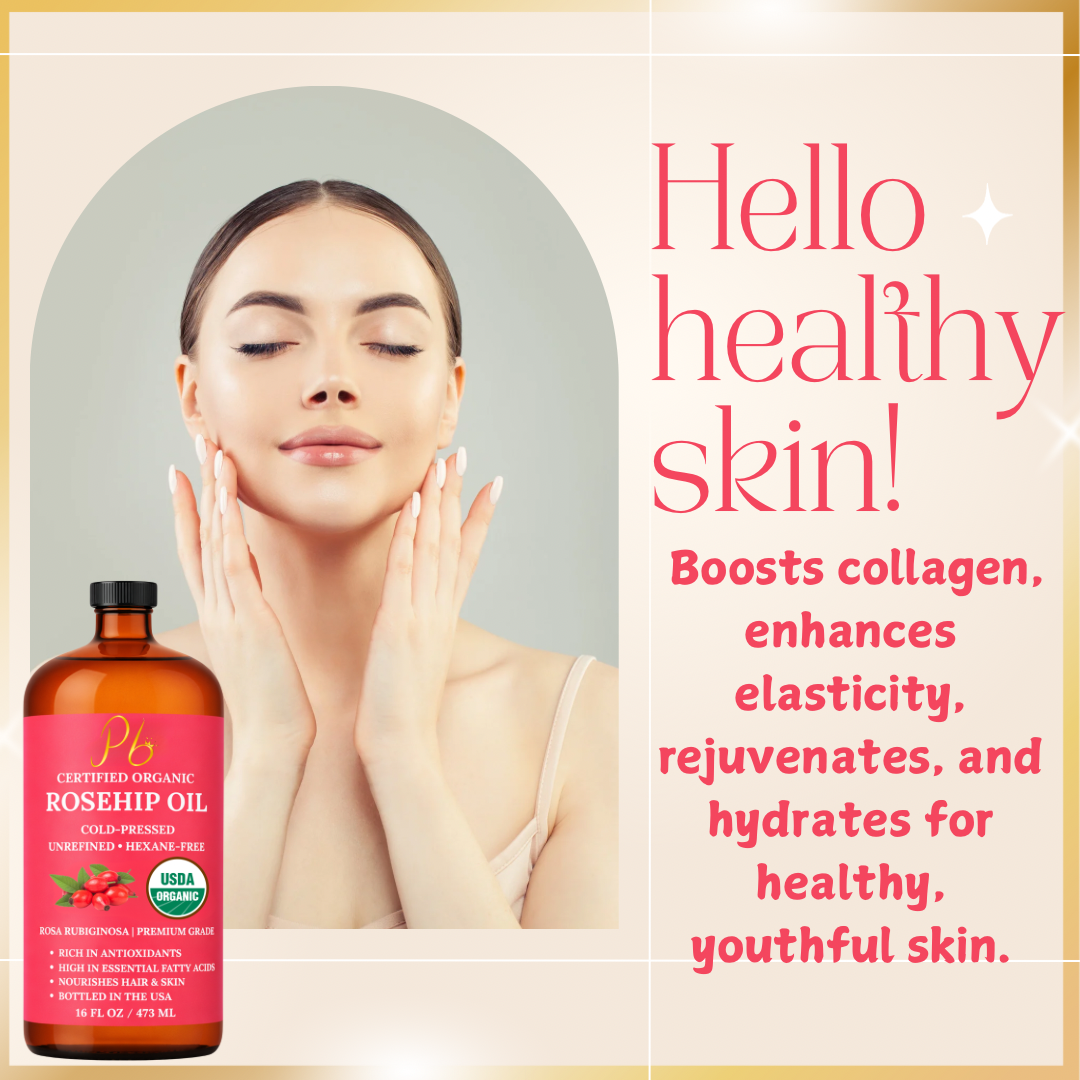 Pomberries USDA Organic Rosehip Seed Oil 16 fl oz (Rosa Rubiginosa) – Cold-Pressed, Unrefined – Amber Glass Bottle with Pump