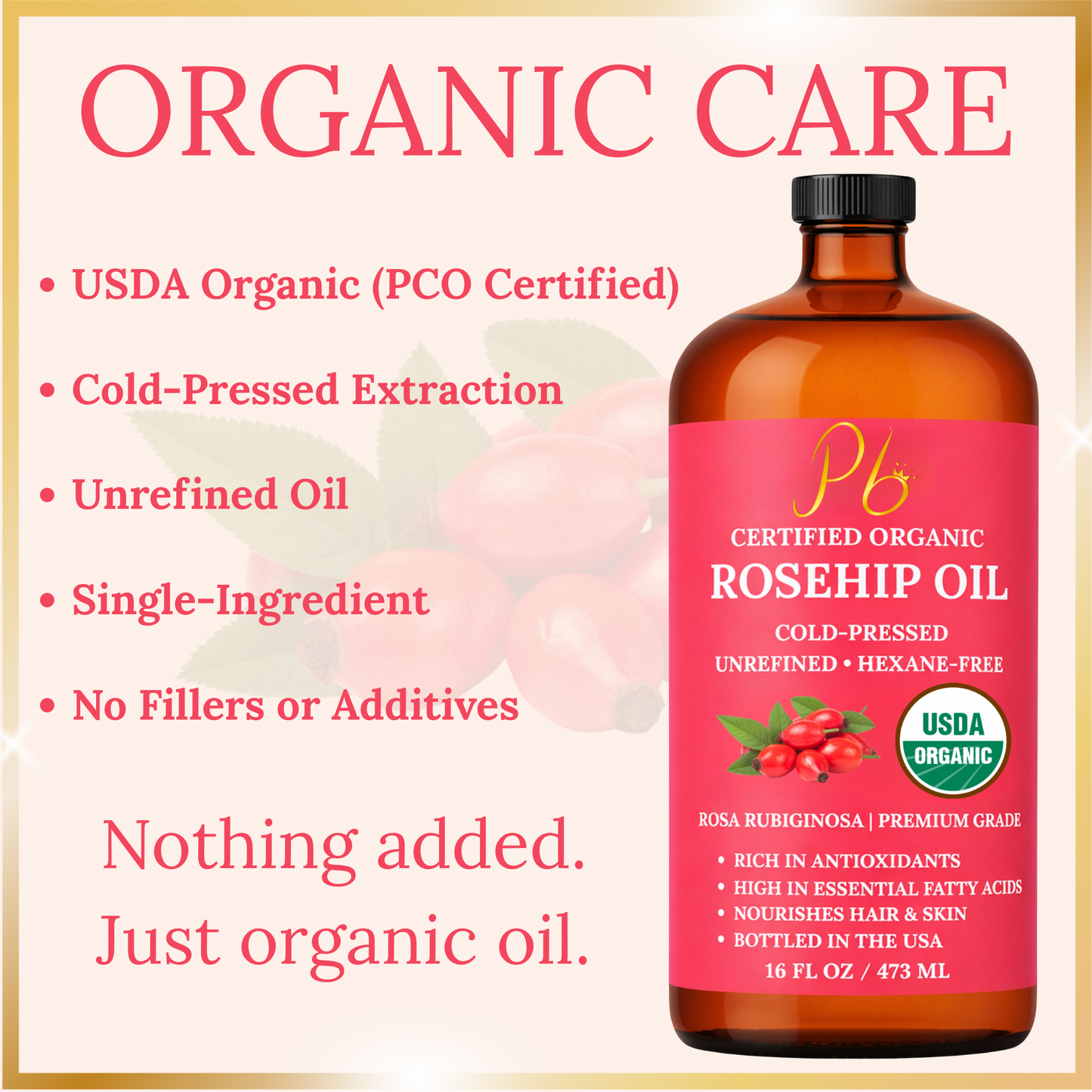 Pomberries USDA Organic Rosehip Seed Oil 16 fl oz (Rosa Rubiginosa) – Cold-Pressed, Unrefined – Amber Glass Bottle with Pump