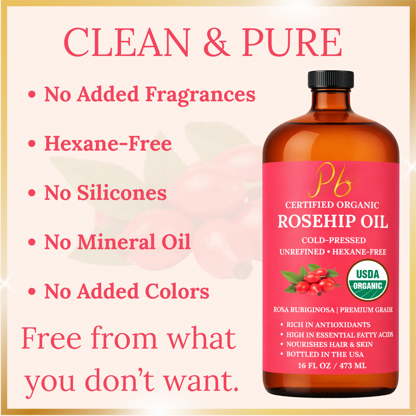 Pomberries USDA Organic Rosehip Seed Oil 16 fl oz (Rosa Rubiginosa) – Cold-Pressed, Unrefined – Amber Glass Bottle with Pump