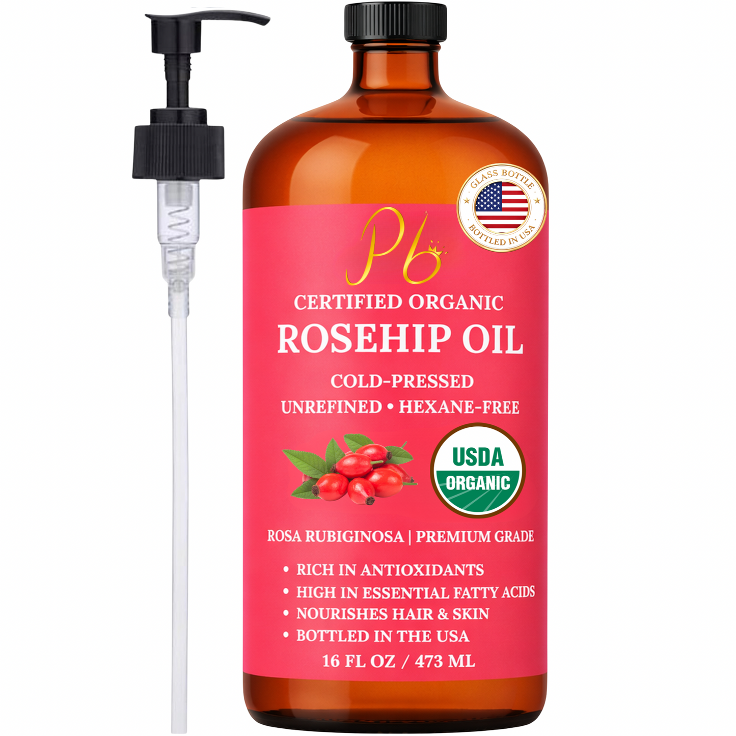 Pomberries USDA Organic Rosehip Seed Oil 16 fl oz (Rosa Rubiginosa) – Cold-Pressed, Unrefined – Amber Glass Bottle with Pump