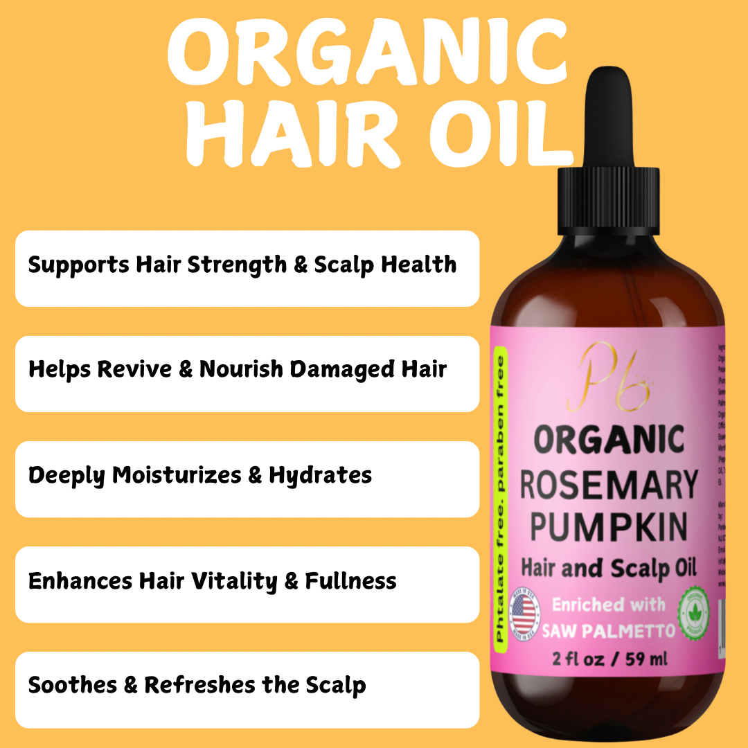 Organic Rosemary Hair Oil, Hair & Scalp Oil with Saw Palmetto, Peppermint, Pumpkin Seed & Vitamin E, Organic Nourishing Hair Serum 2 fl oz