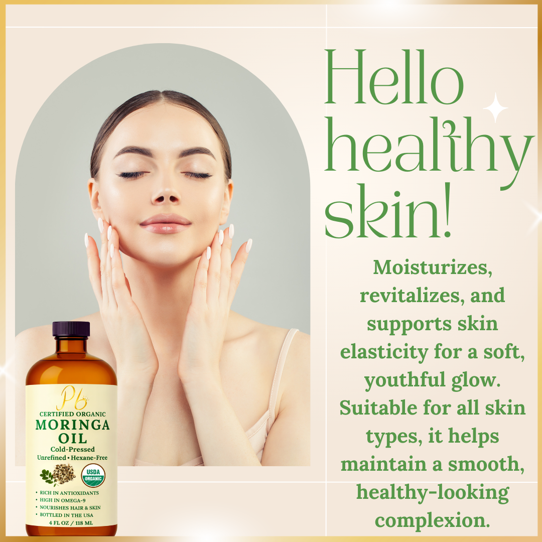 Pomberries USDA Organic Moringa Oil 4 fl oz – Cold-Pressed, Unrefined Moringa Seed Oil for Hair & Skin – Glass Bottle