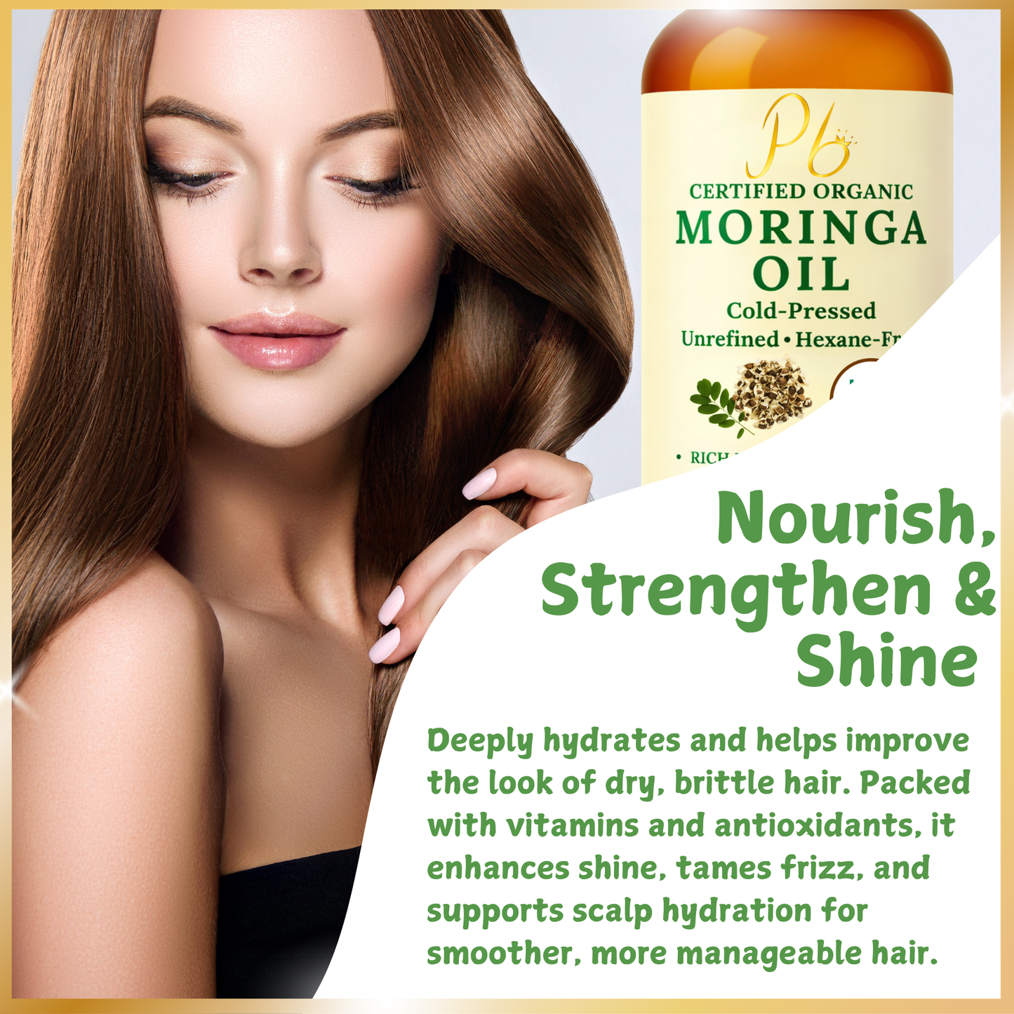 Pomberries USDA Organic Moringa Oil 16 fl oz – Cold-Pressed, Unrefined, Hexane-Free – Hair & Skin Oil – Glass Bottle with Pump – Bottled in USA