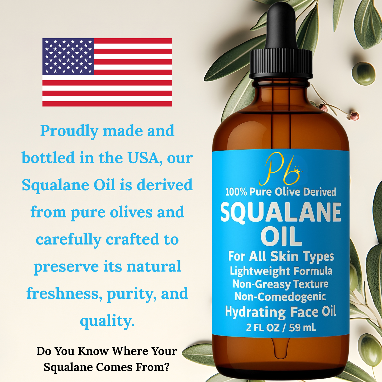 Squalane Oil, Derived from Olives, Moisturizer for Face, Skin & Hair, Face Oil, Anti-Aging, Plumping, Firming, Natural Body Oil, Squalne Oil for Face, Vegan 2 fl oz ( MADE IN USA )