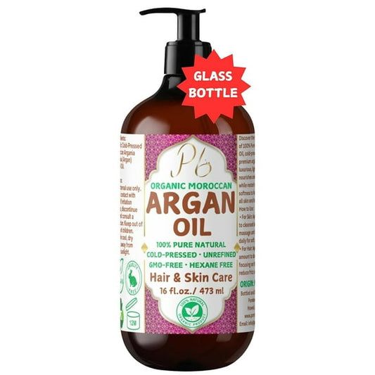 Pomberries Organic Moroccan Argan Oil – 100% Pure Argan Oil, Cold Pressed, Extra Virgin, Unrefined, Argan Oil for Hair, Face, Skin, Scalp & Body, Argan Hair Treatment, Glass Bottle with Pump 16 fl oz