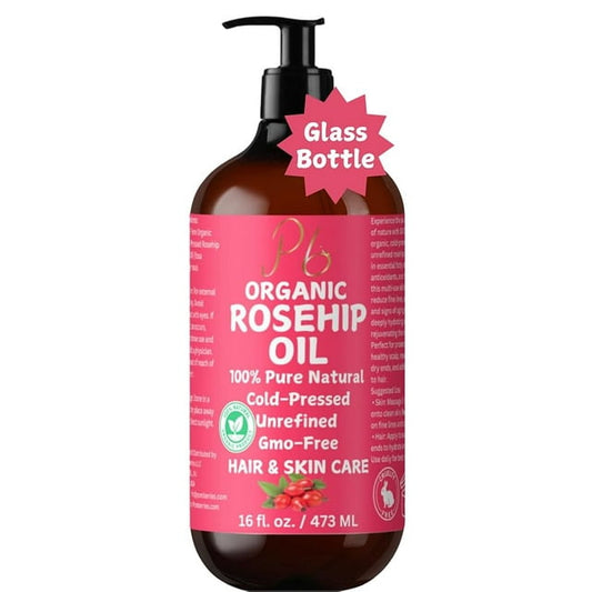 Pomberries Organic Rosehip Seed Oil, 100% Pure & Cold-Pressed, Natural Face Oil for Anti-Aging, Scar Treatment, Skin Moisturizer & Hair Care - Extra Virgin Rosehip Oil 16 fl oz Bulk Glass Bottle with Pump