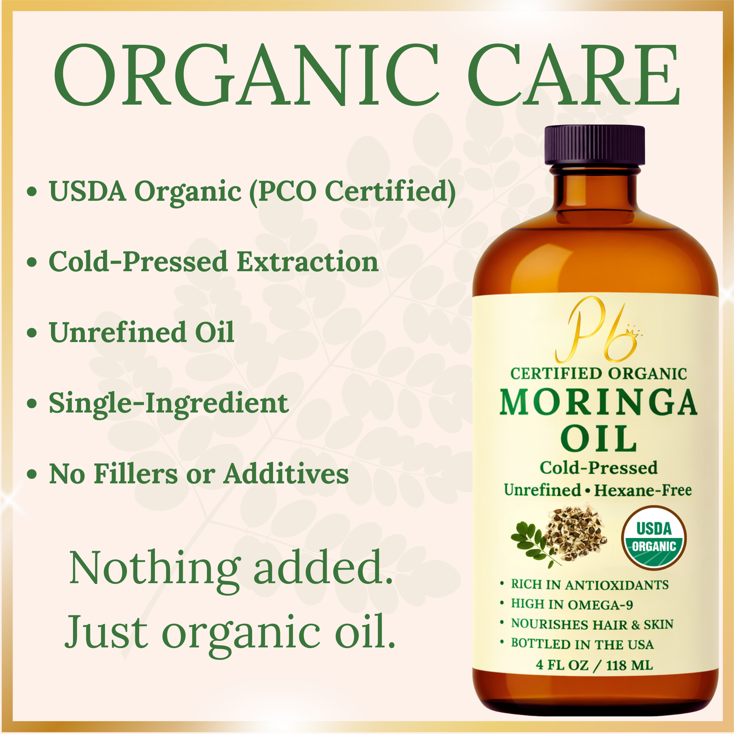 Pomberries USDA Organic Moringa Oil 4 fl oz – Cold-Pressed, Unrefined Moringa Seed Oil for Hair & Skin – Glass Bottle